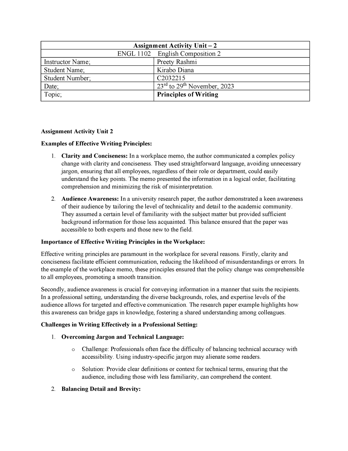 Witten Assignment 2 - Assignment Activity Unit – 2 ENGL 1102 English ...