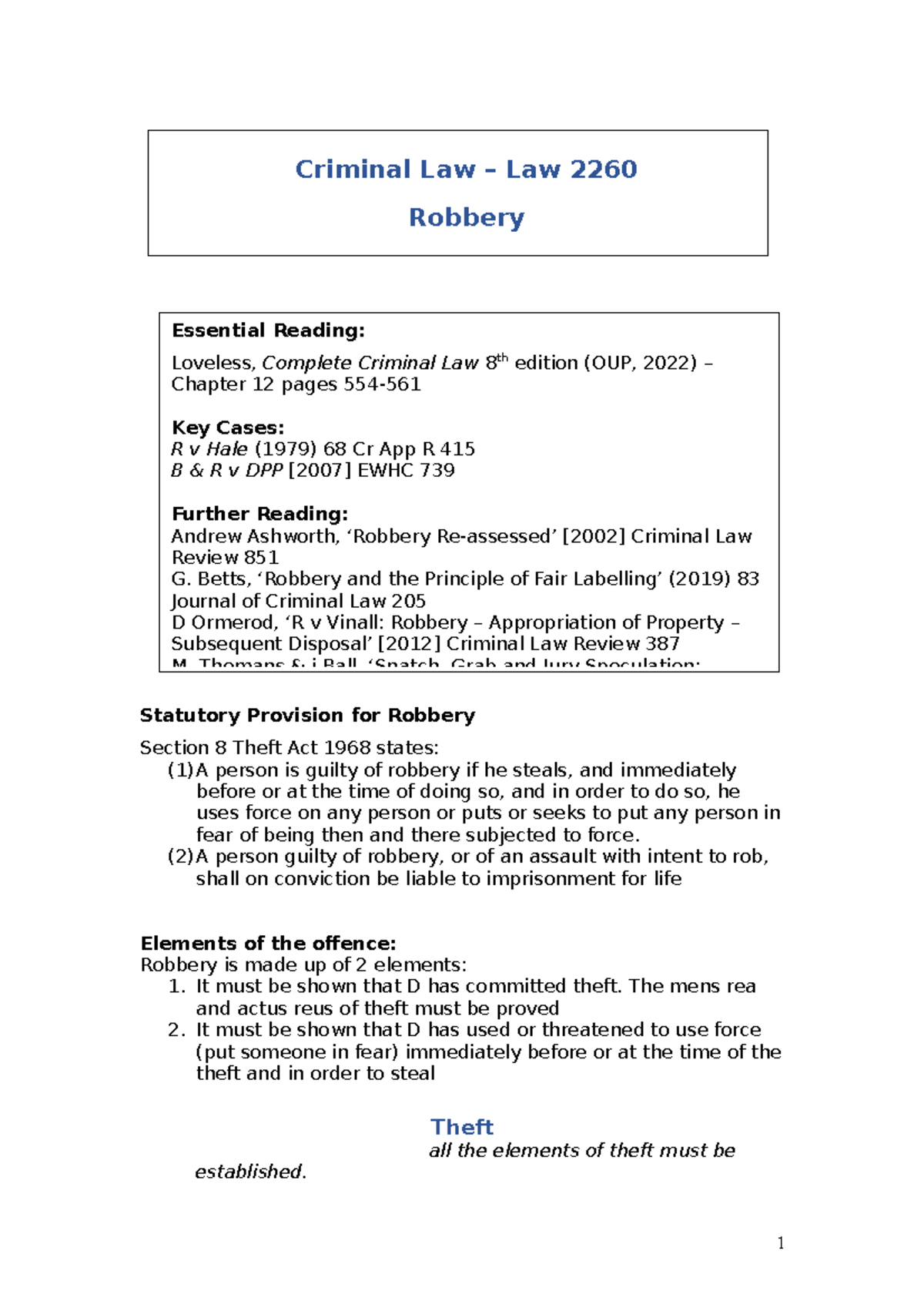 Robbery 2022 Statutory Provision for Robbery Section 8 Theft Act 1968