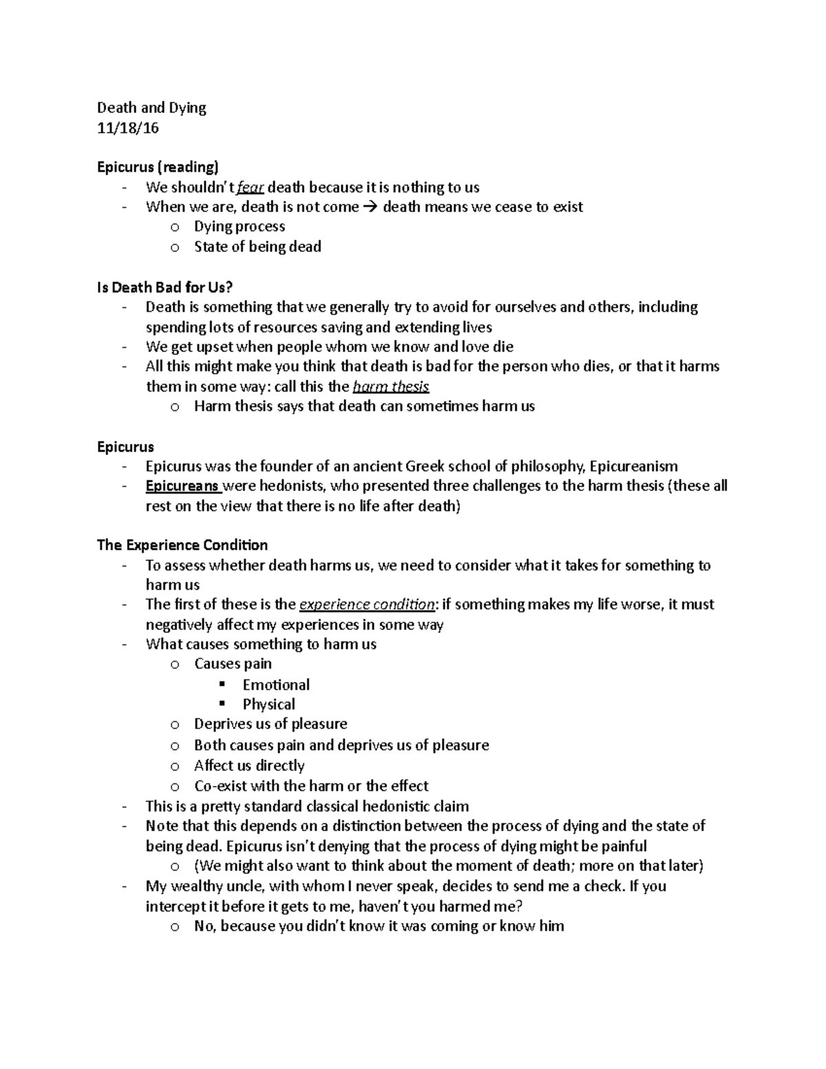 Death and Dying - Lecture notes 20 - Death and Dying 11/18/ Epicurus ...
