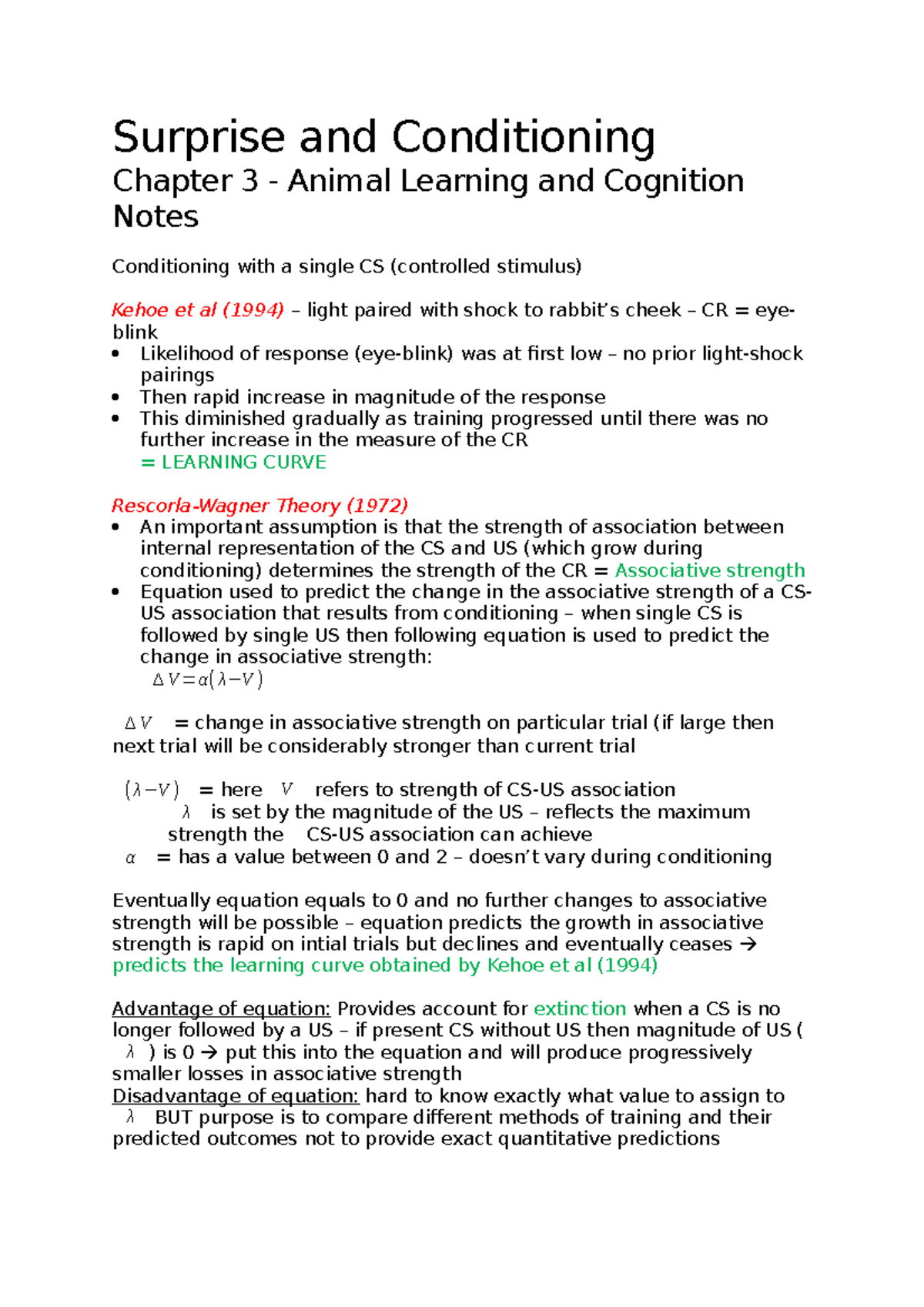 Notes for Animal Learning & Cognition Lecture 3 - Surprise and ...