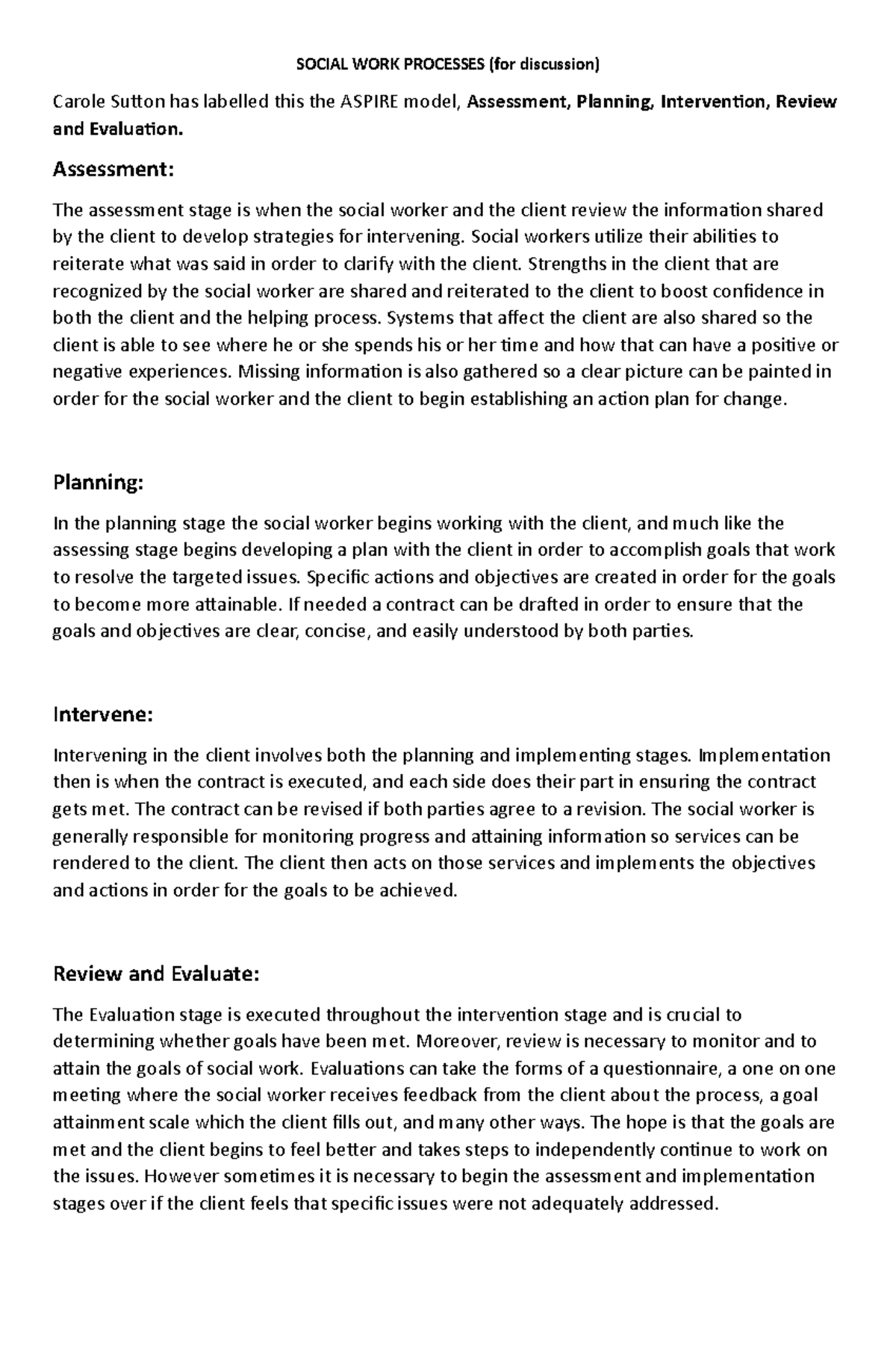 Social WORK Processes notes SOCIAL WORK PROCESSES (for discussion