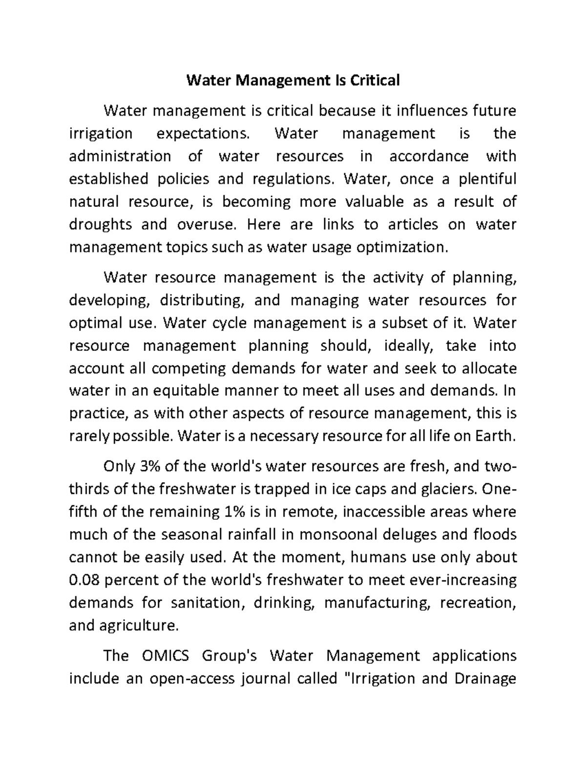 Water Management Is Critical - Water management is the administration ...