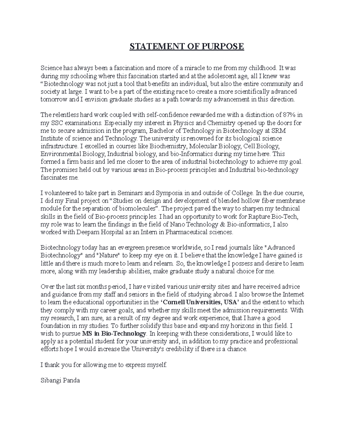 Statement of Purpose for Graduate Studies in Science - Studocu