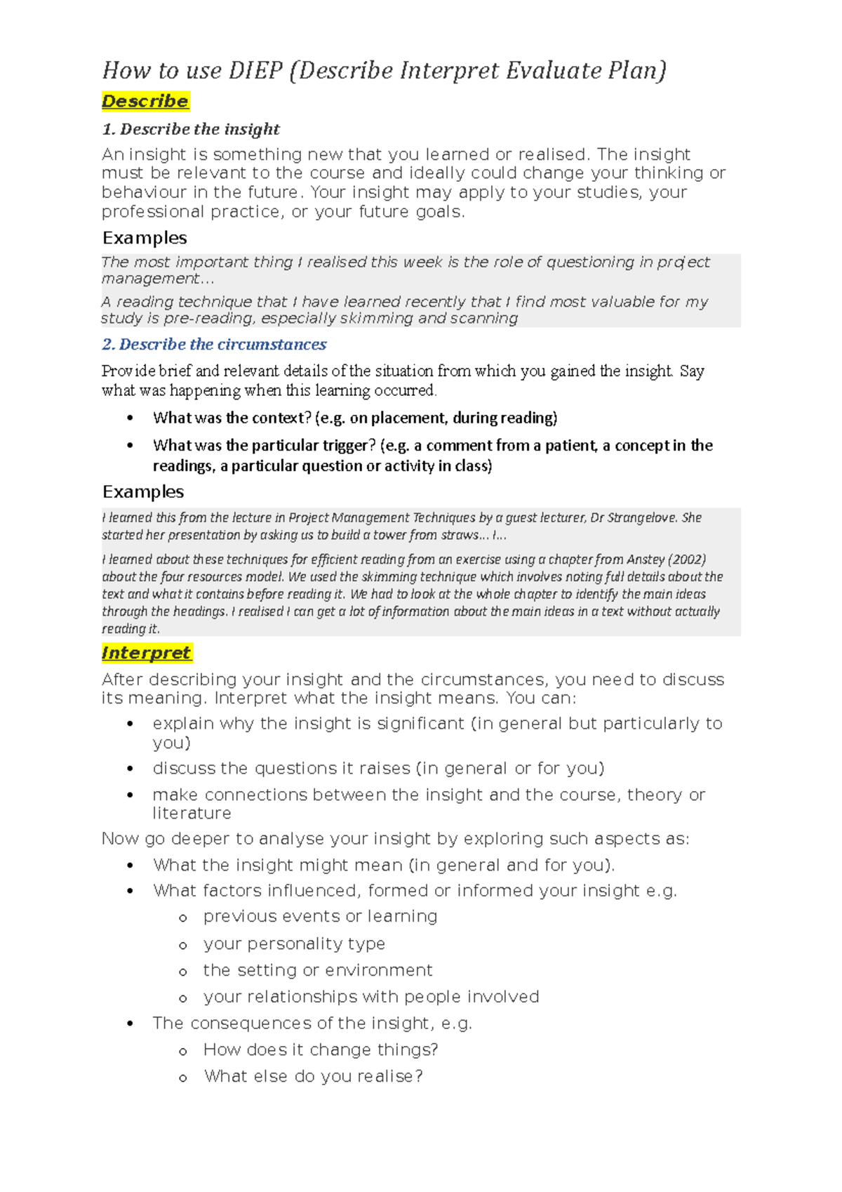 How to use DIEP - Use the DIEP process to guide your reflective writing ...