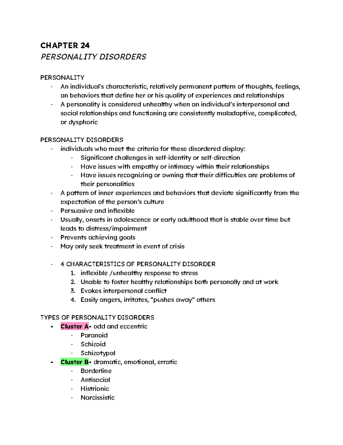 Chapter 24 - lecture notes - CHAPTER 24 PERSONALITY DISORDERS ...