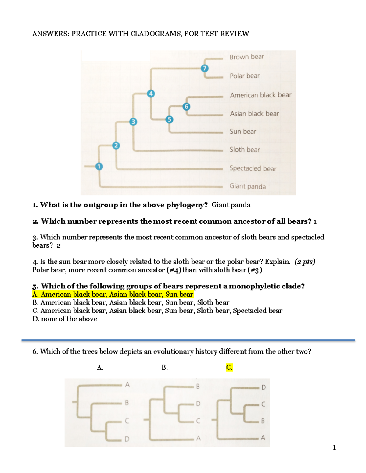 Answers Cladogram Practice Review 3 - 1 ANSWERS: PRACTICE WITH ...