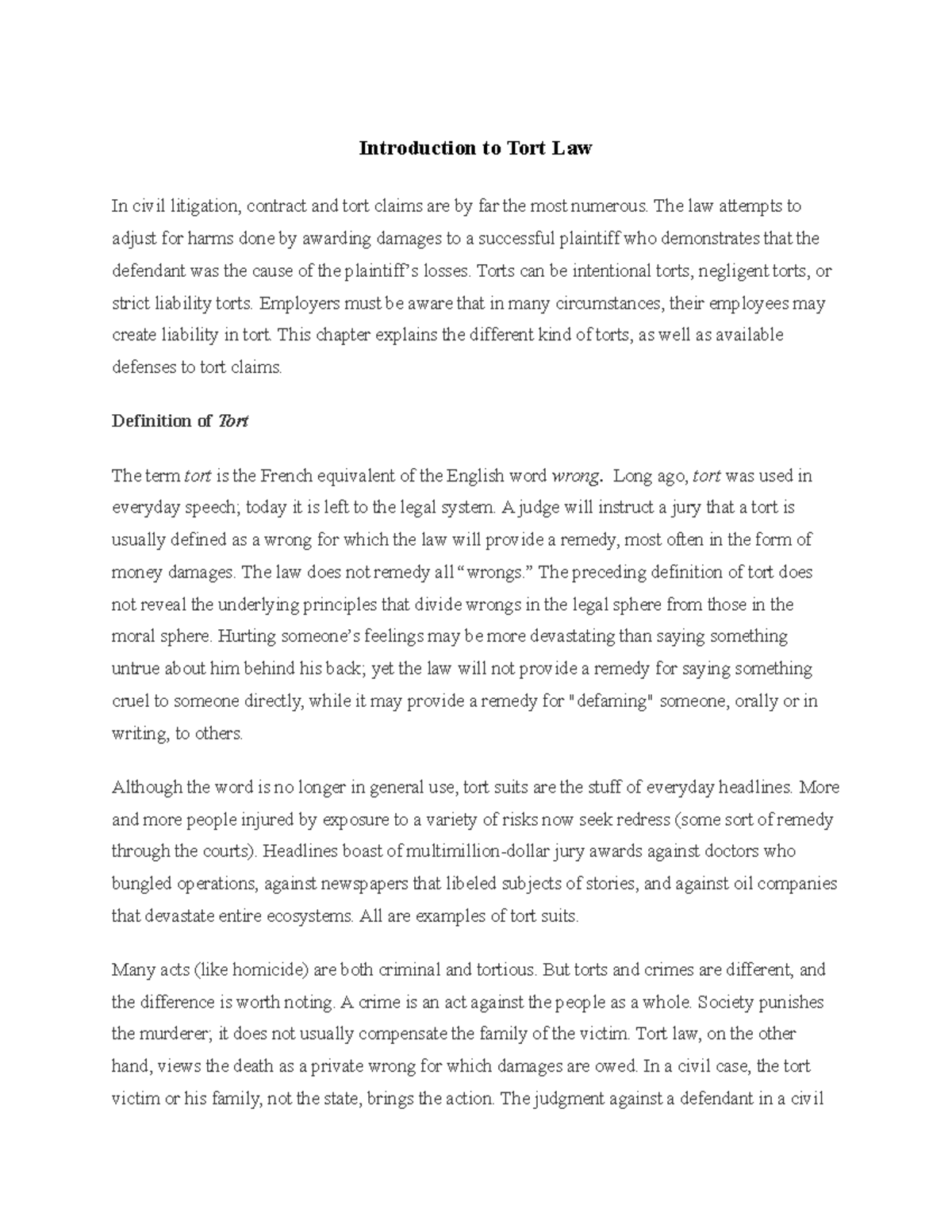 Tort Law, including Intentional Torts,Negligence, Consent and Dr