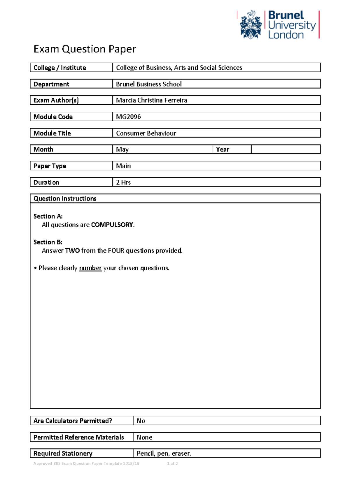 MG2096 Past Exam Question Paper Approved BBS Exam Question Paper 