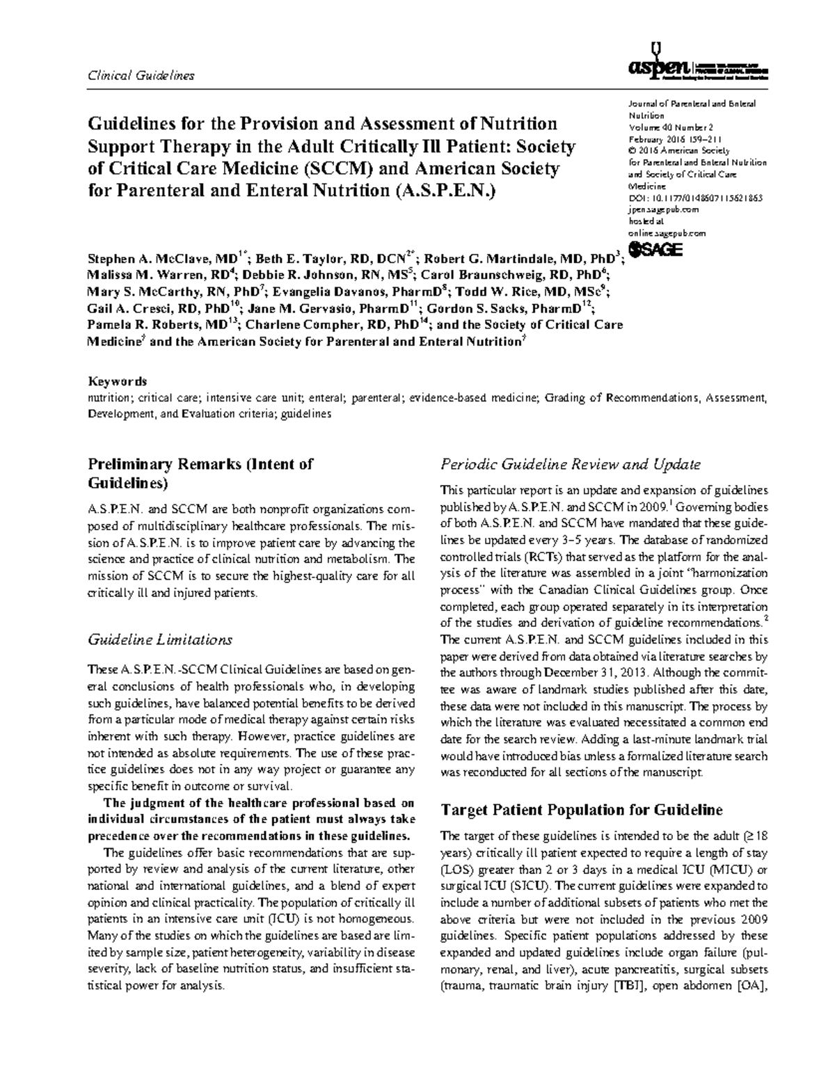 Aspen Guidelines for Critically Ill Journal of Parenteral and Enteral