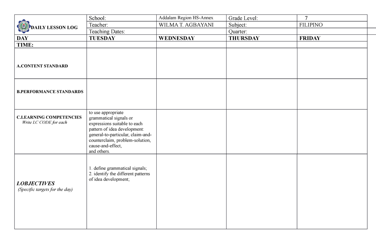 ENG 8 Daily Lesson Log 4th First WEEK - DAILY LESSON LOG School ...