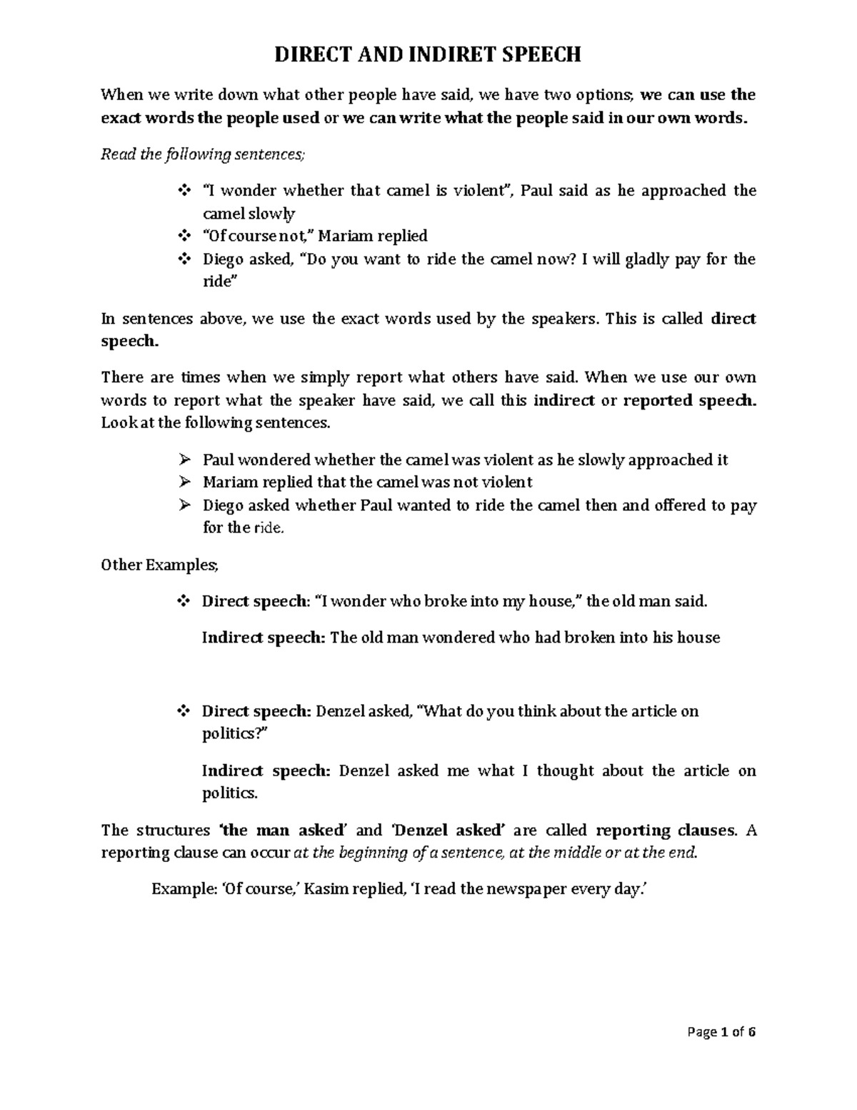 Diret and Indirect speech - DIRECT AND INDIRET SPEECH When we write down  what other people have - Studocu