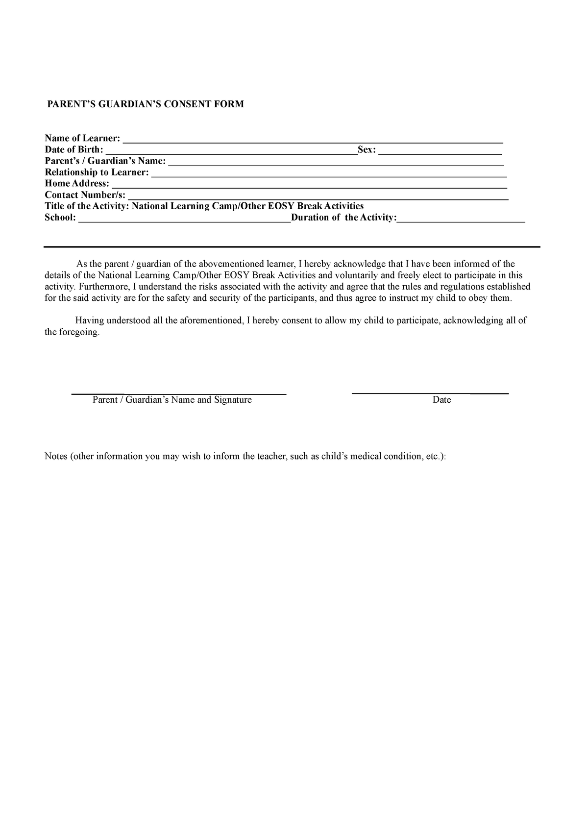 NLC Reading Camp Consent Form English 1 - PARENT’S GUARDIAN’S CONSENT ...