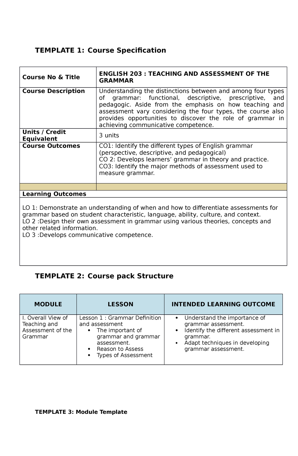 Template-123 - ASSESSMENT IN LEARNING - TEMPLATE 1: Course ...