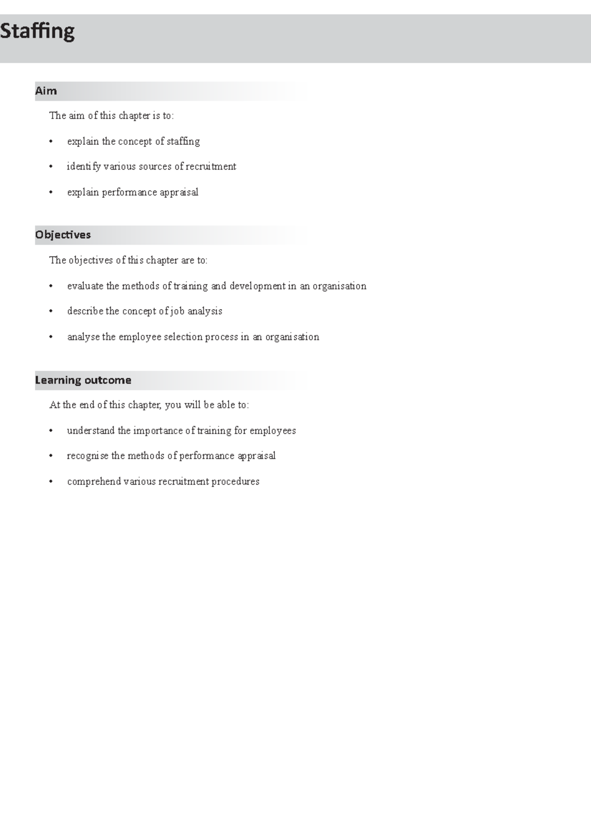 Staffing - NOTES - Objectives Learning outcome The aim of this chapter ...