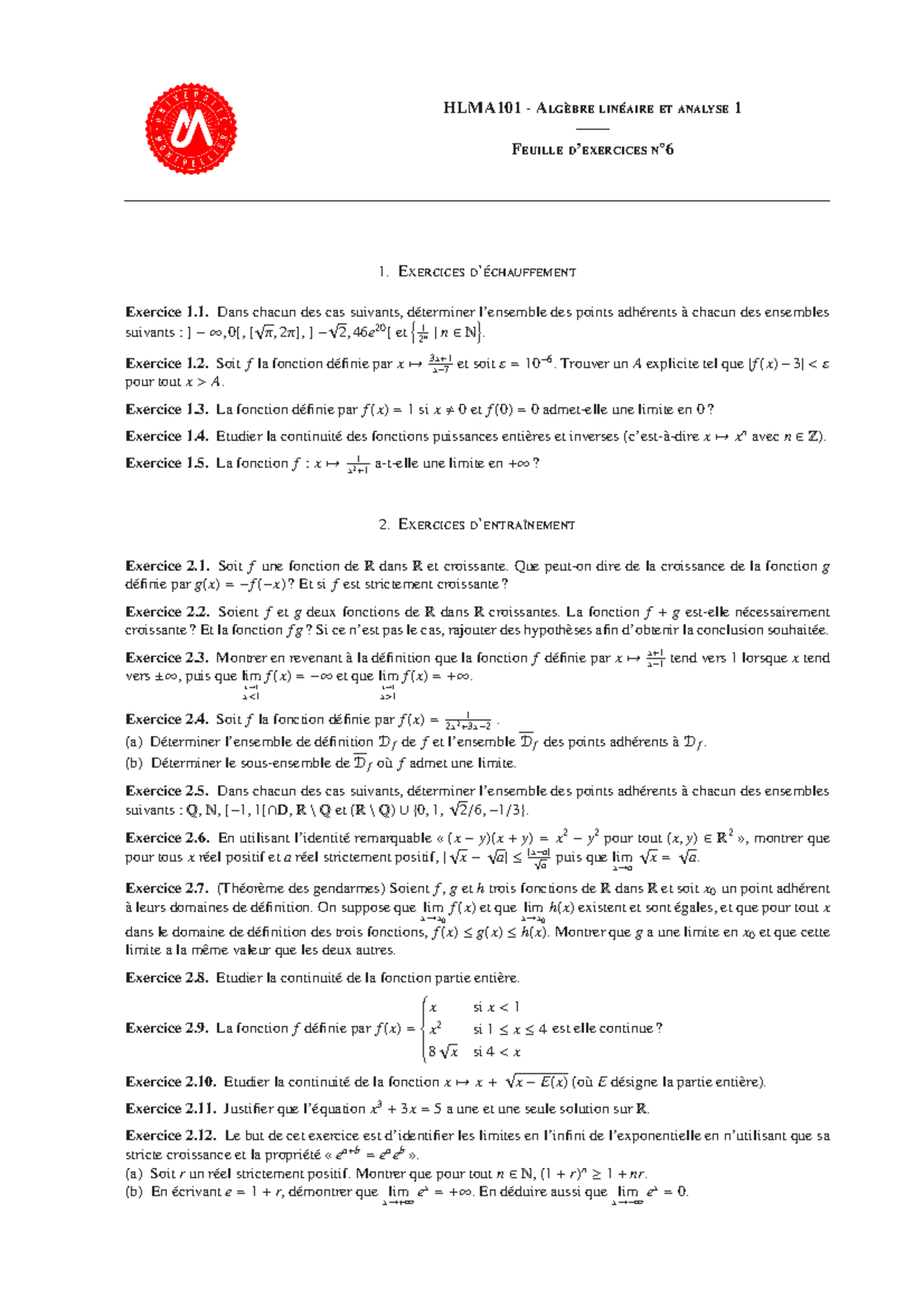 Exercices 6 - HLMA101 - Alg`ebre Lin´eaire Et Analyse 1 —— Feuille D ...