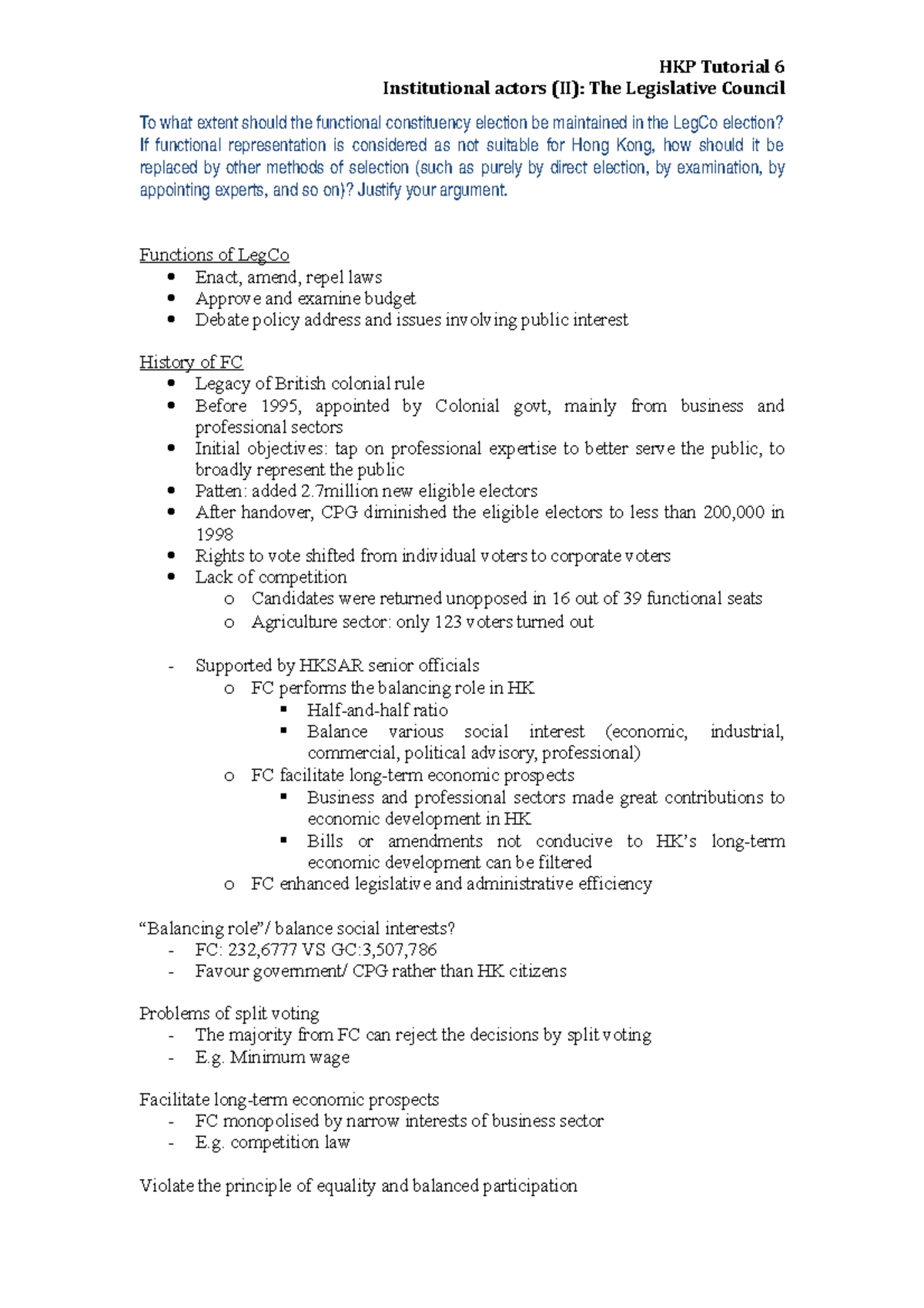 Hong Kong Politics Tutorial 6 - HKP Tutorial 6 Institutional actors (II ...