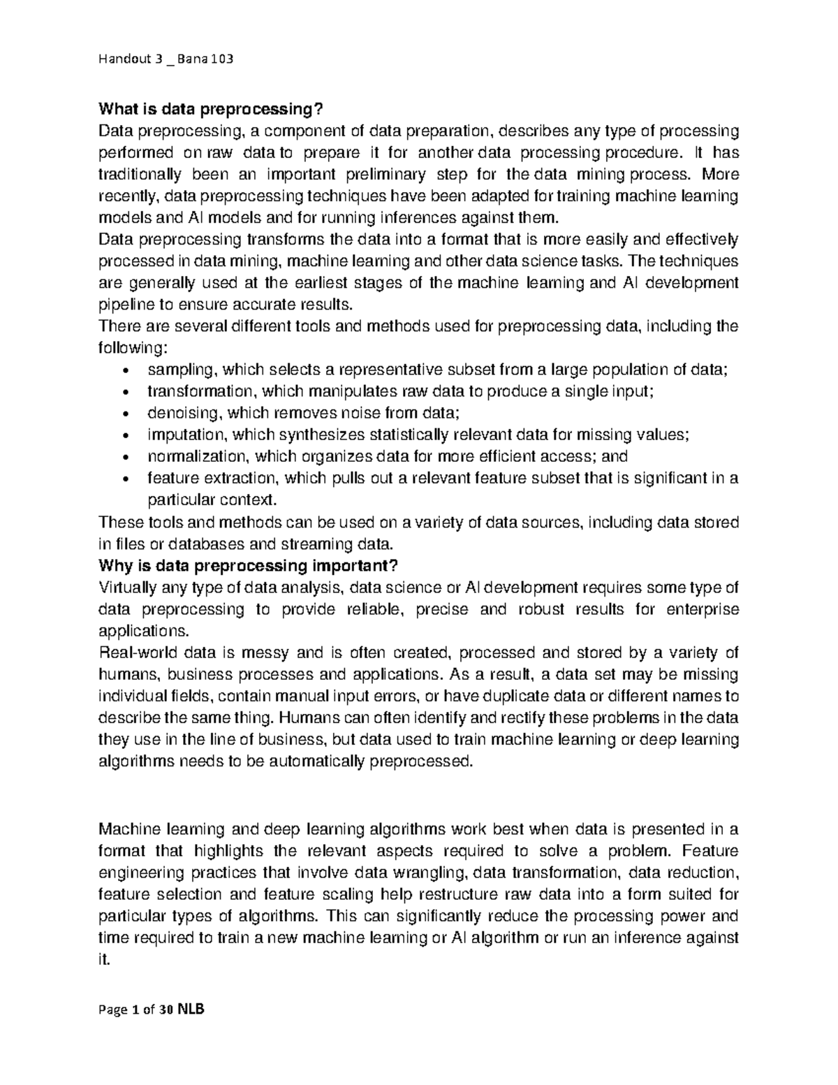 Data Preprocessing BANA 103 Handout 1 - What is data preprocessing ...