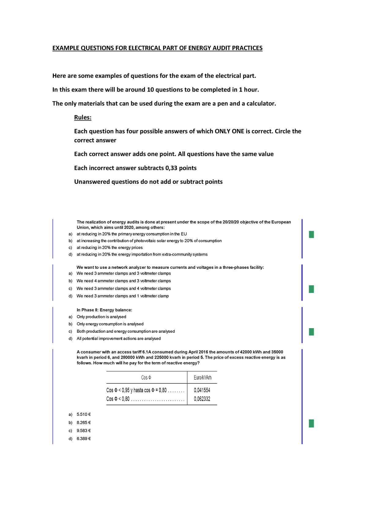 Example Questions FOR Electrical PART OF Energy Audit Practices ...