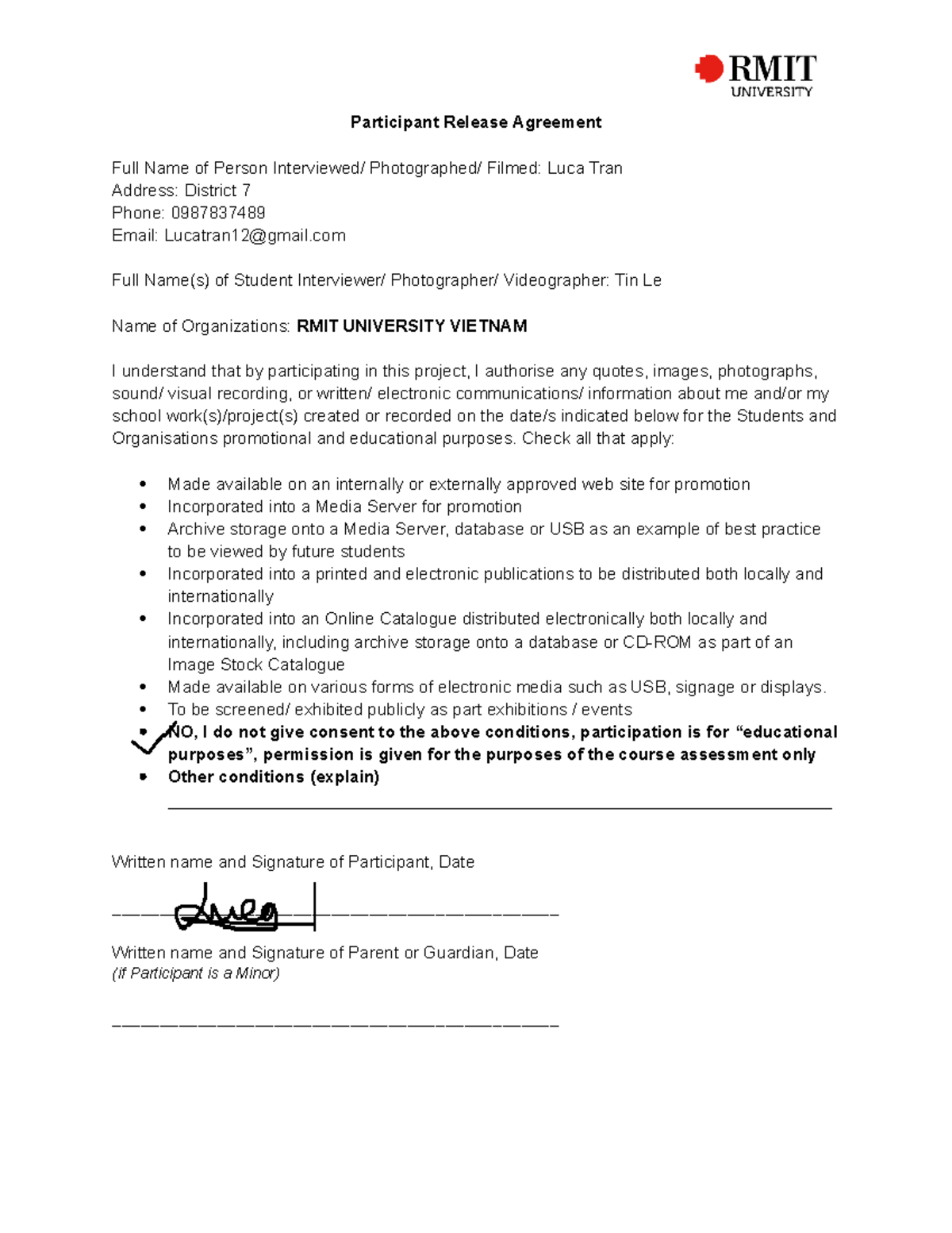 Participant Release Agreement - Check all that apply: Made available on ...