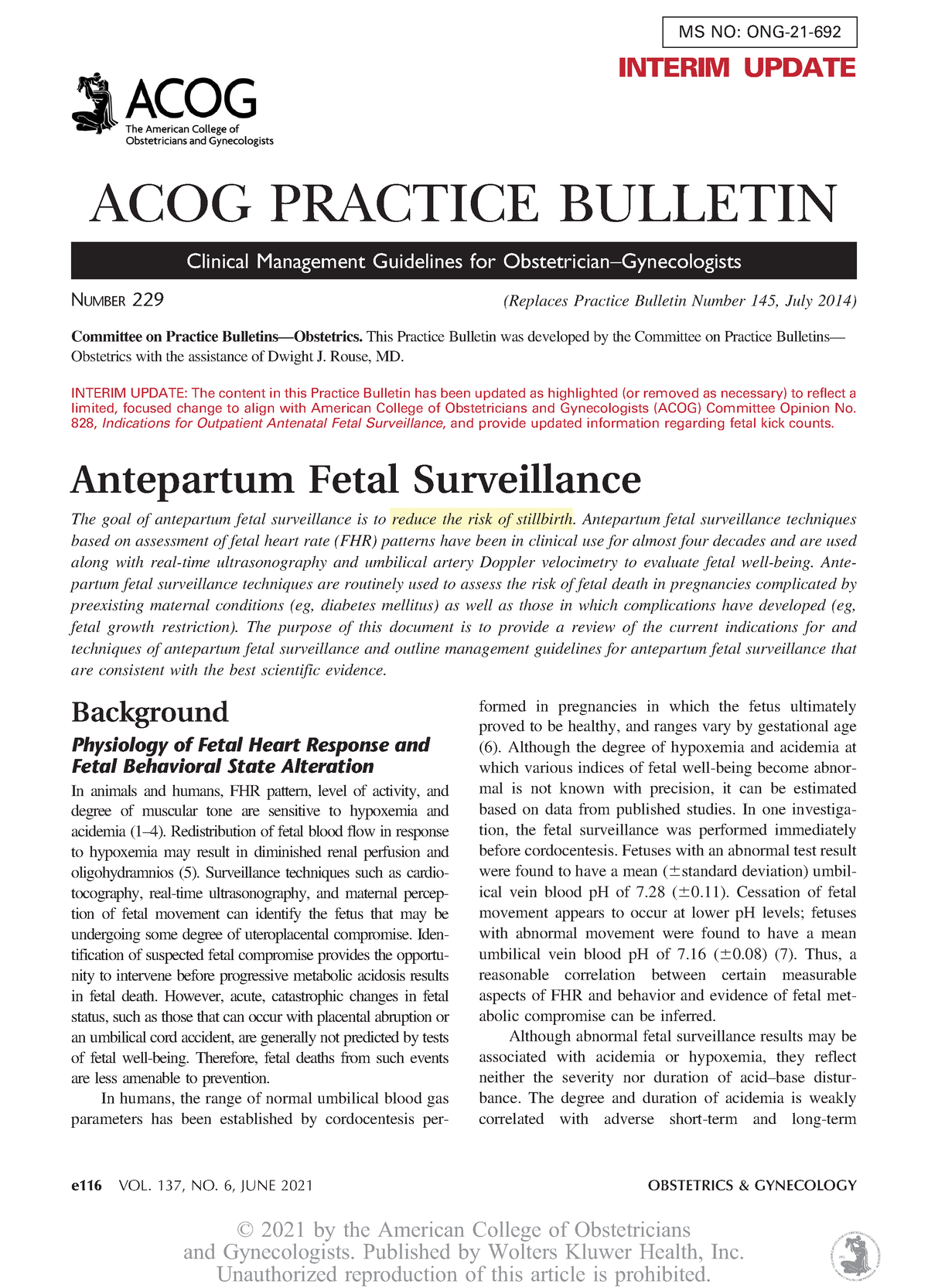 Monitoria Fetal Anteparto Acog - INTERIM UPDATE ACOG PRACTICE BULLETIN ...