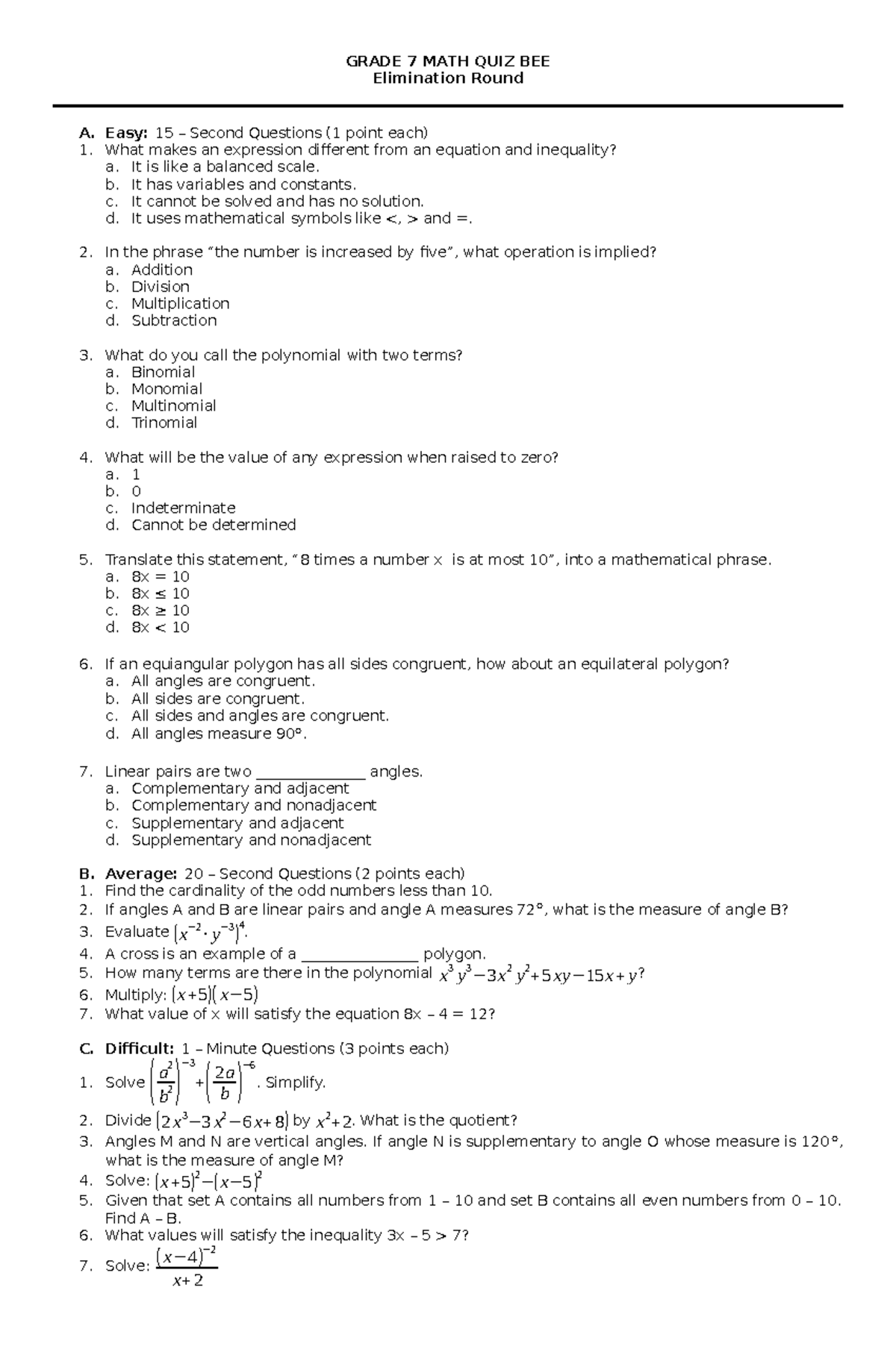 Elimination 2024 QUIZ BEE QUESTIONS Elimination Round A. Easy 15