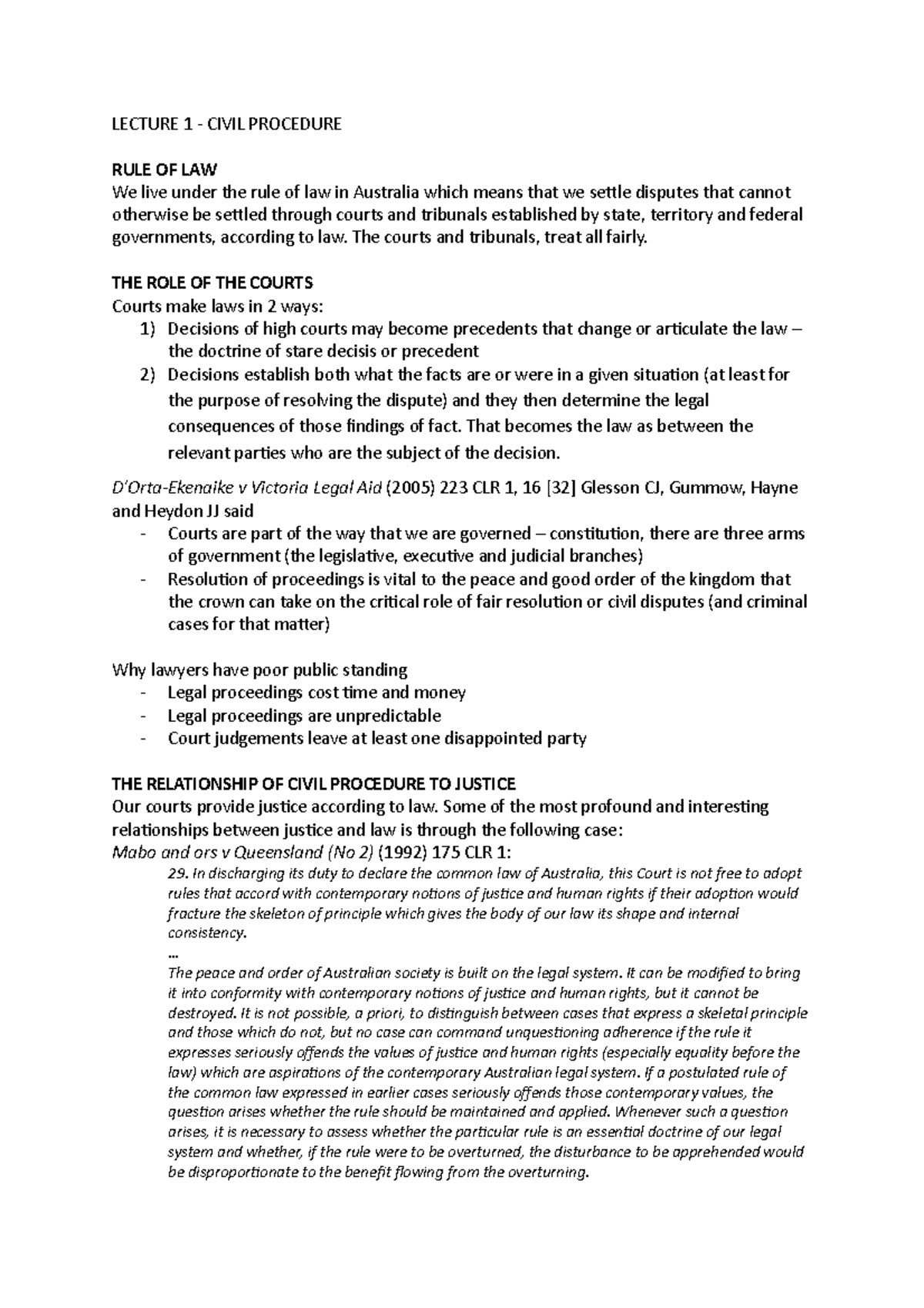 1 - Lecture 1 Notes On Civil Procedure - What It Is Etc - LECTURE 1 ...