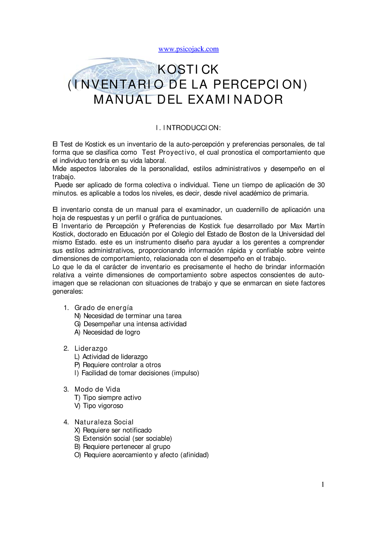 Testkost - Test De Kost - K OSTI CK ( I N V EN TA RI O D E LA PERCEPCI ...