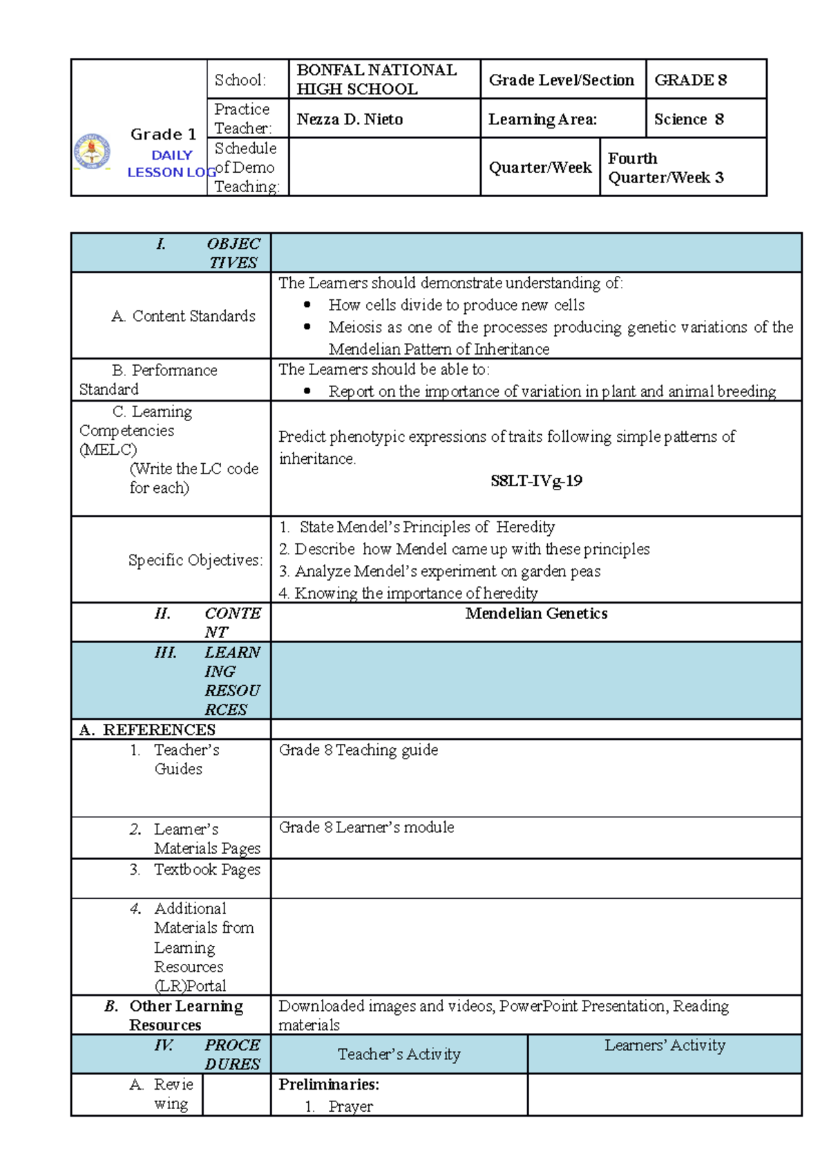 Module 4 DLP Mendelian Genetics - School: BONFAL NATIONAL HIGH SCHOOL ...