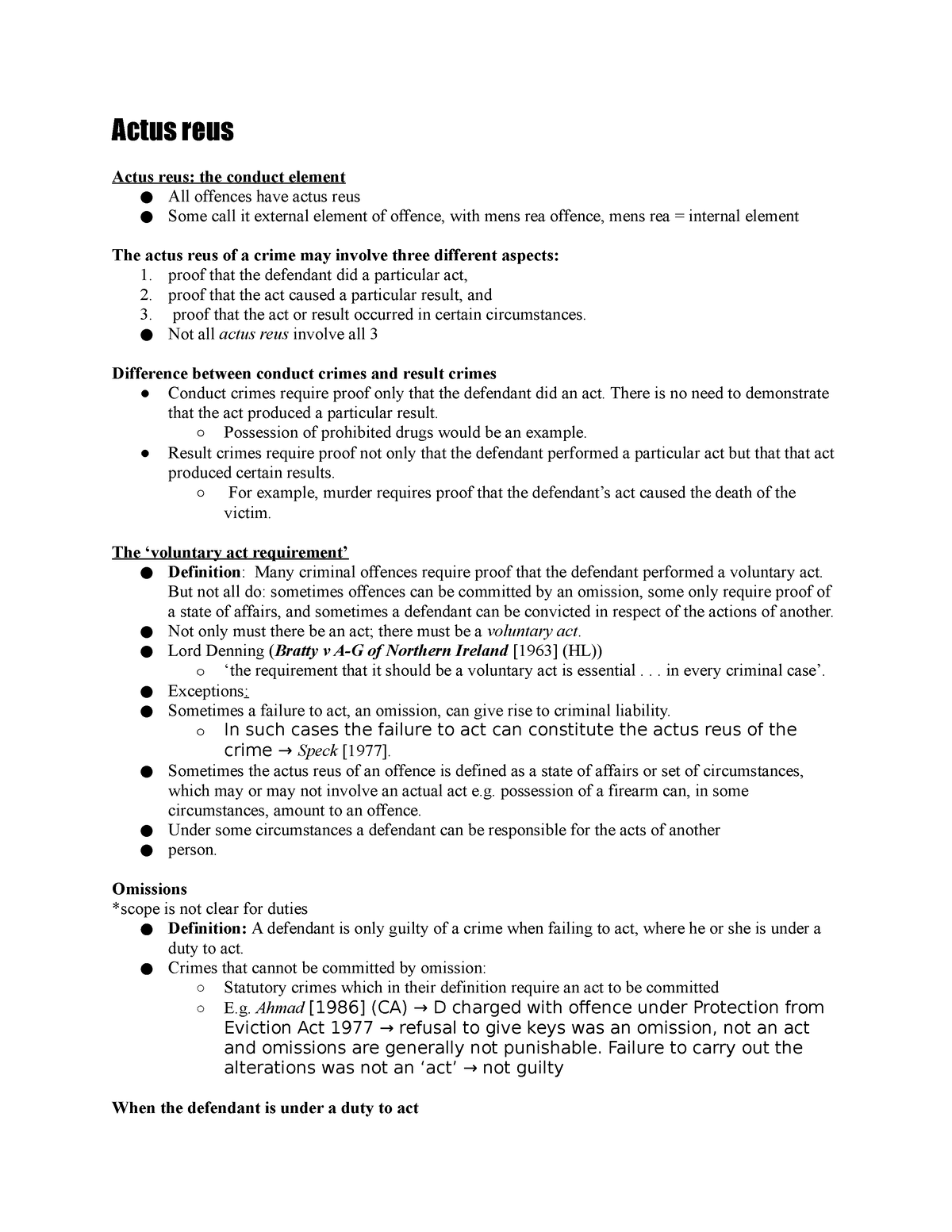 Criminal Law- Actual Notes 1 - Actus Reus Actus Reus: The Conduct ...