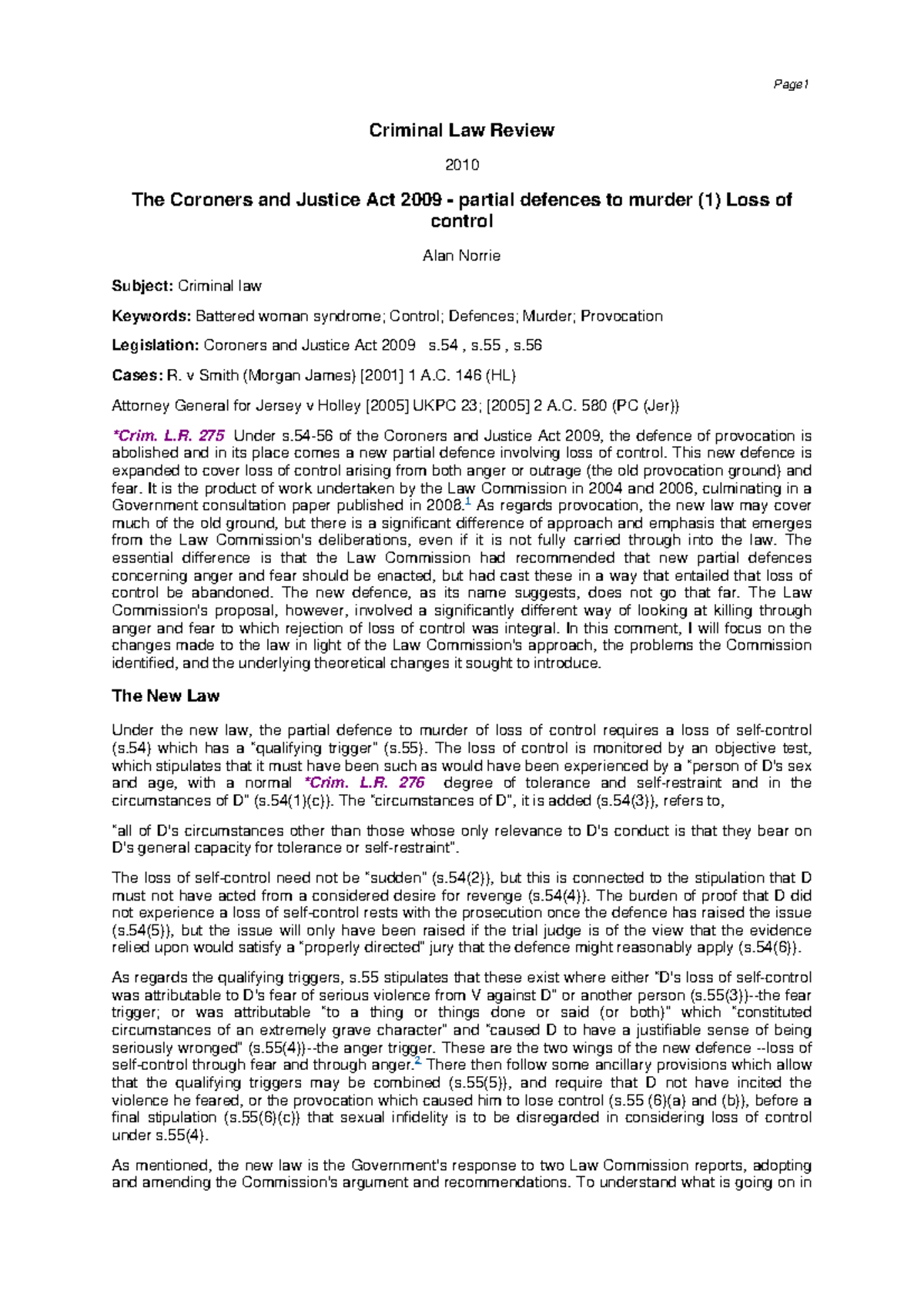 Article loss of control diminished responsiblity 1 - Criminal Law ...