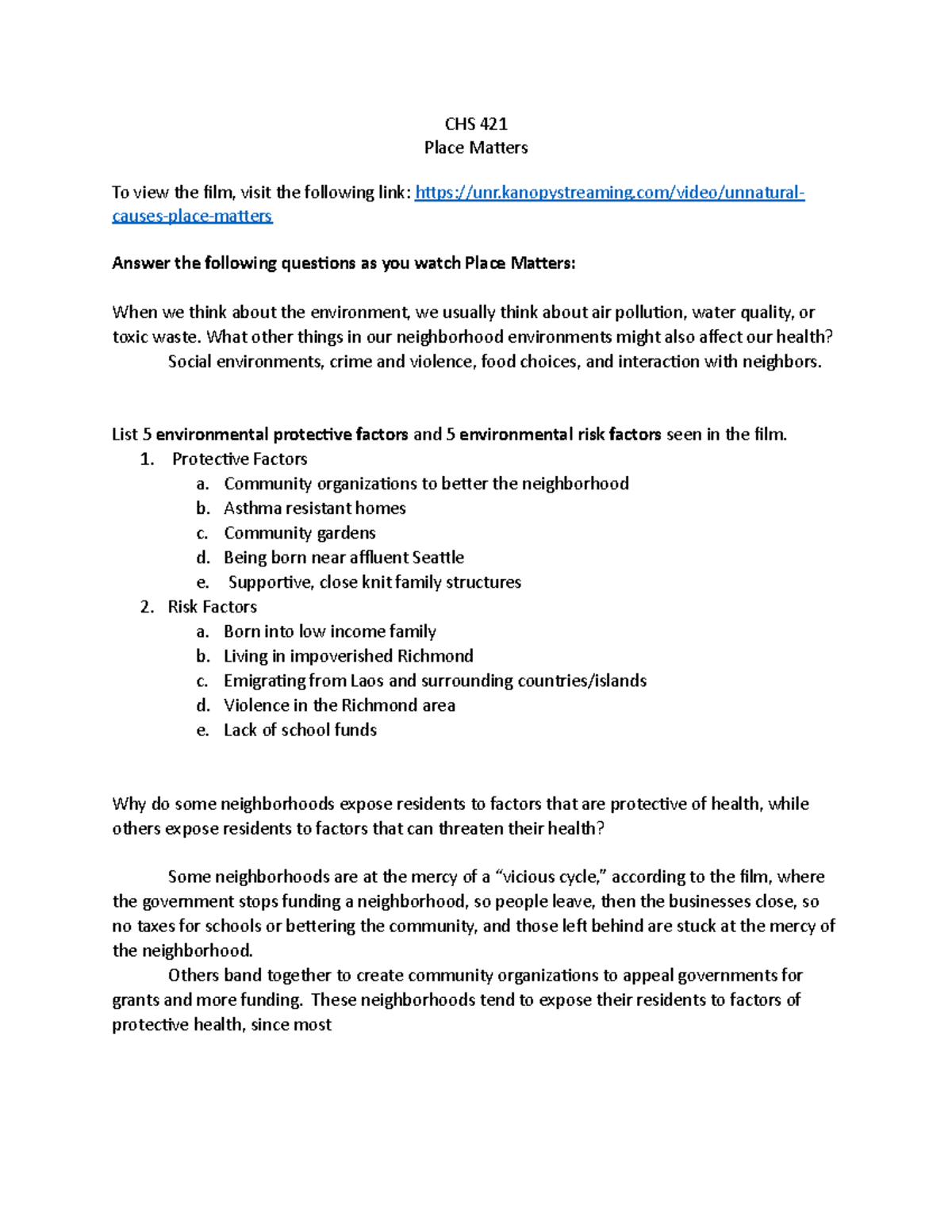 Place Matters Activity CHS 421 Place Matters To view the film, visit