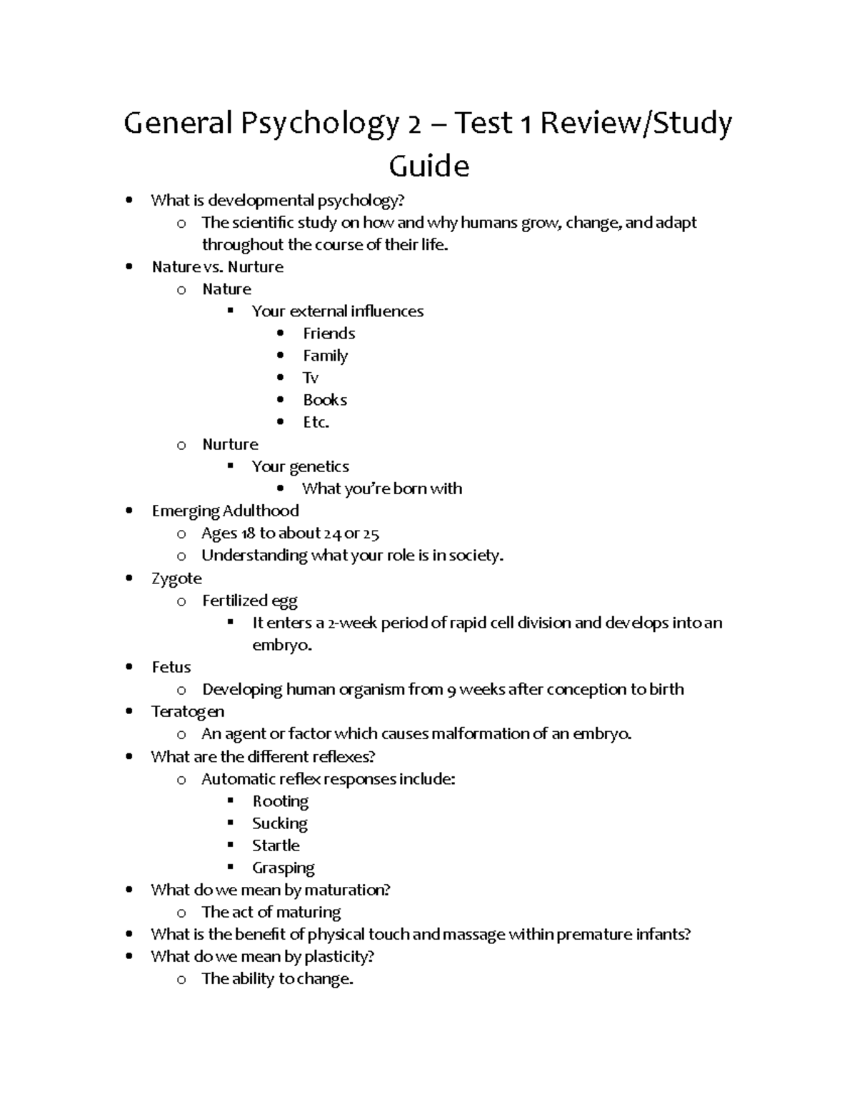 PSY1002 - Test 1 Study Guide - General Psychology 2 – Test 1 Review ...