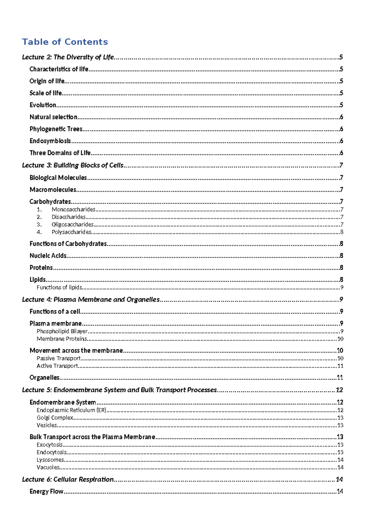 CELS191 Notes L1-15 - Table of Contents Lecture 2: The Diversity of ...
