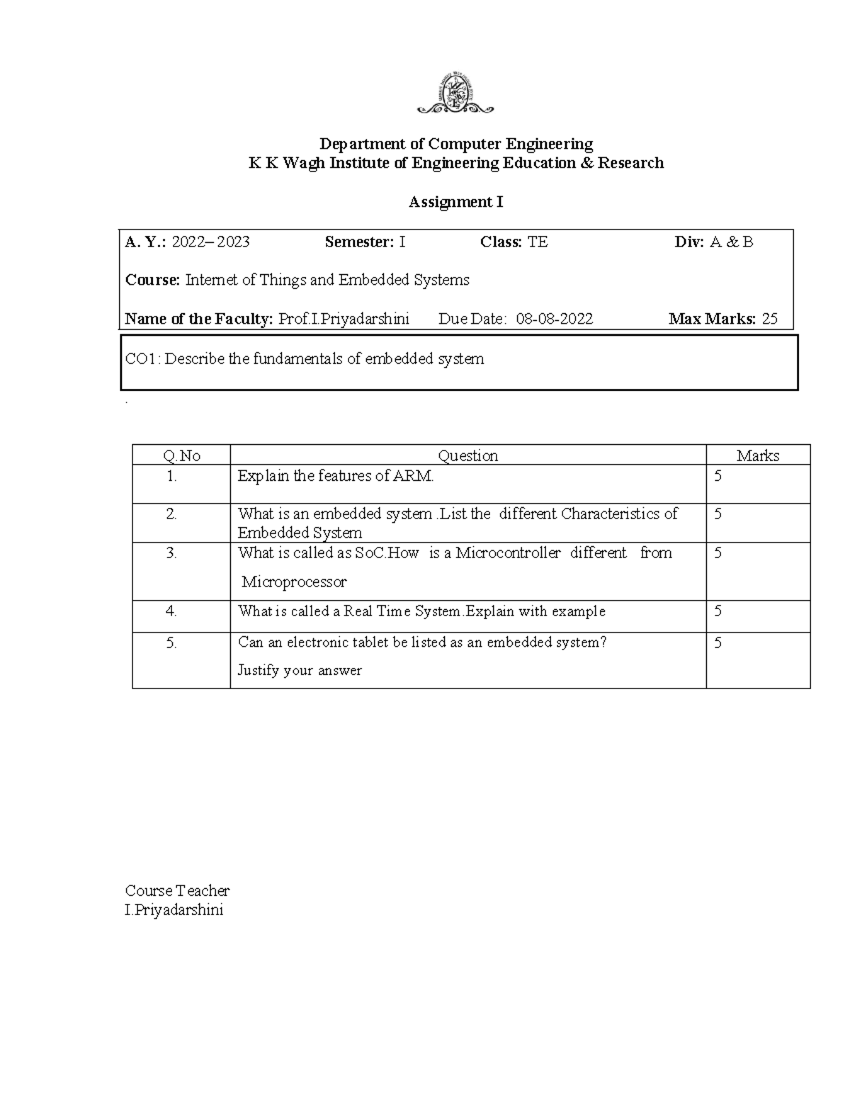 IOT- Assignment 1 - Department of Computer Engineering K K Wagh ...