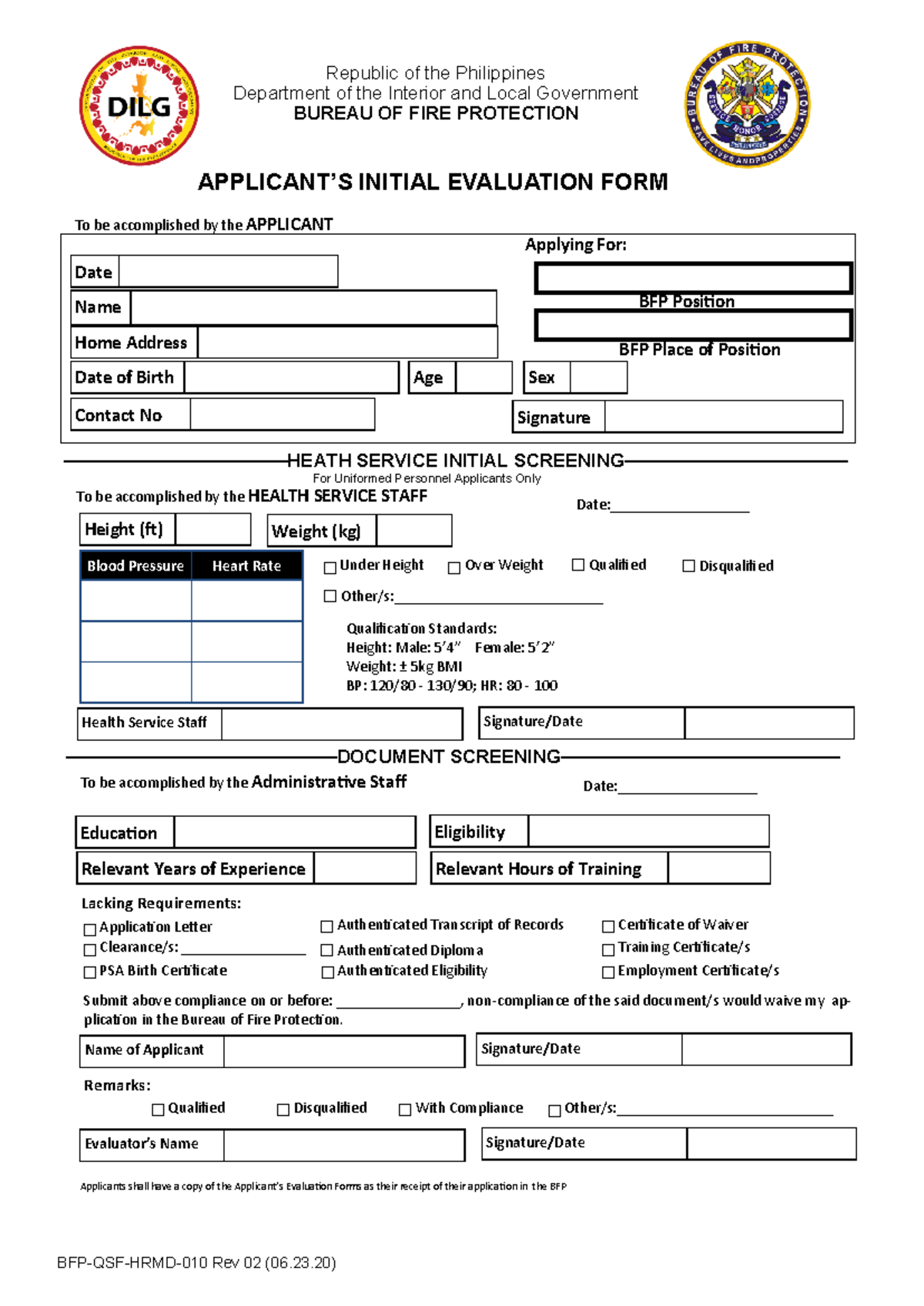 Initial Evaluation Form 1 - BFP-QSF-HRMD-010 Rev 02 (06.23) Republic of ...
