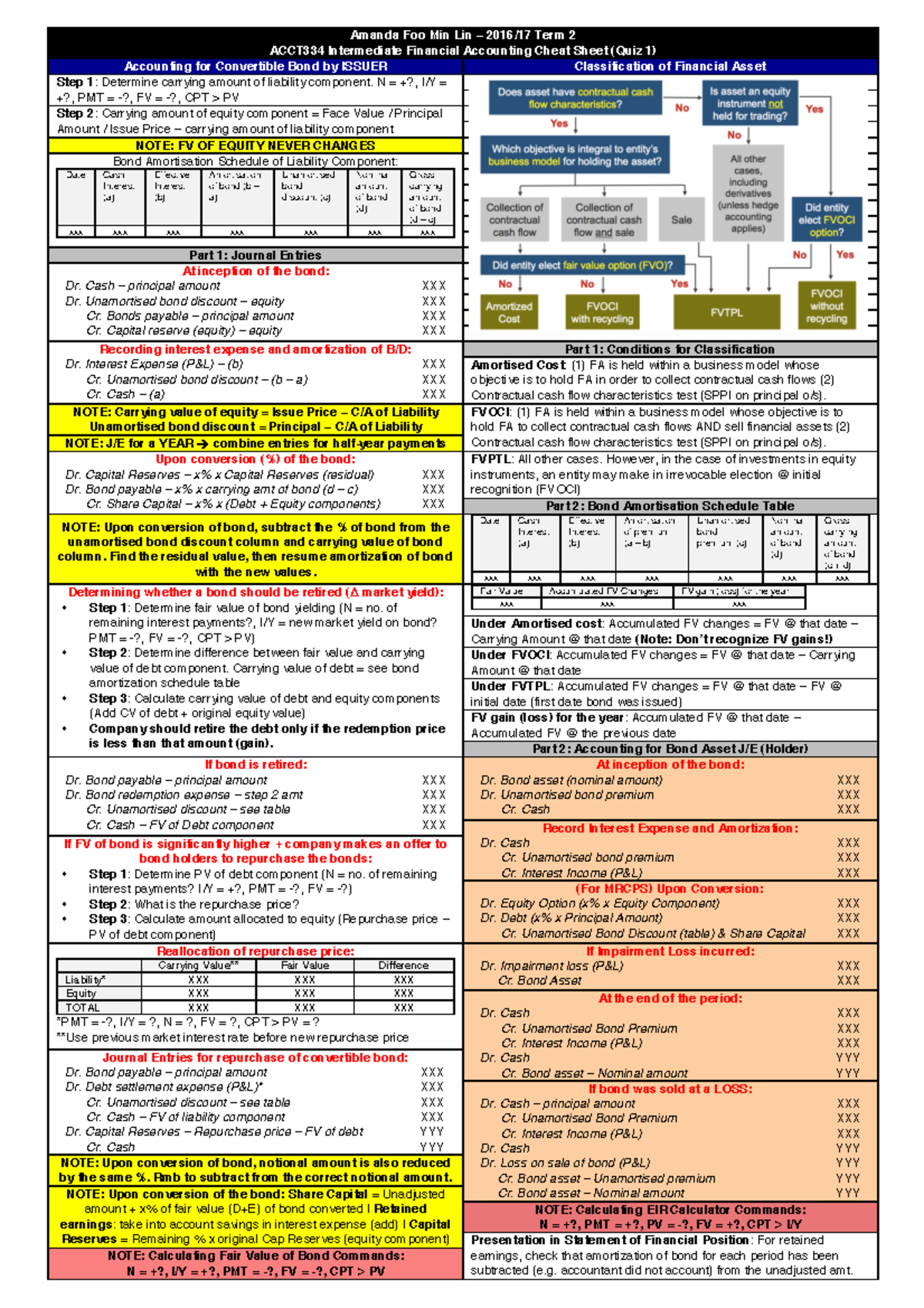 IFA Cheat Sheet (Quiz 1) - N PMT FV CPT PV Step 2: Carrying amount of ...