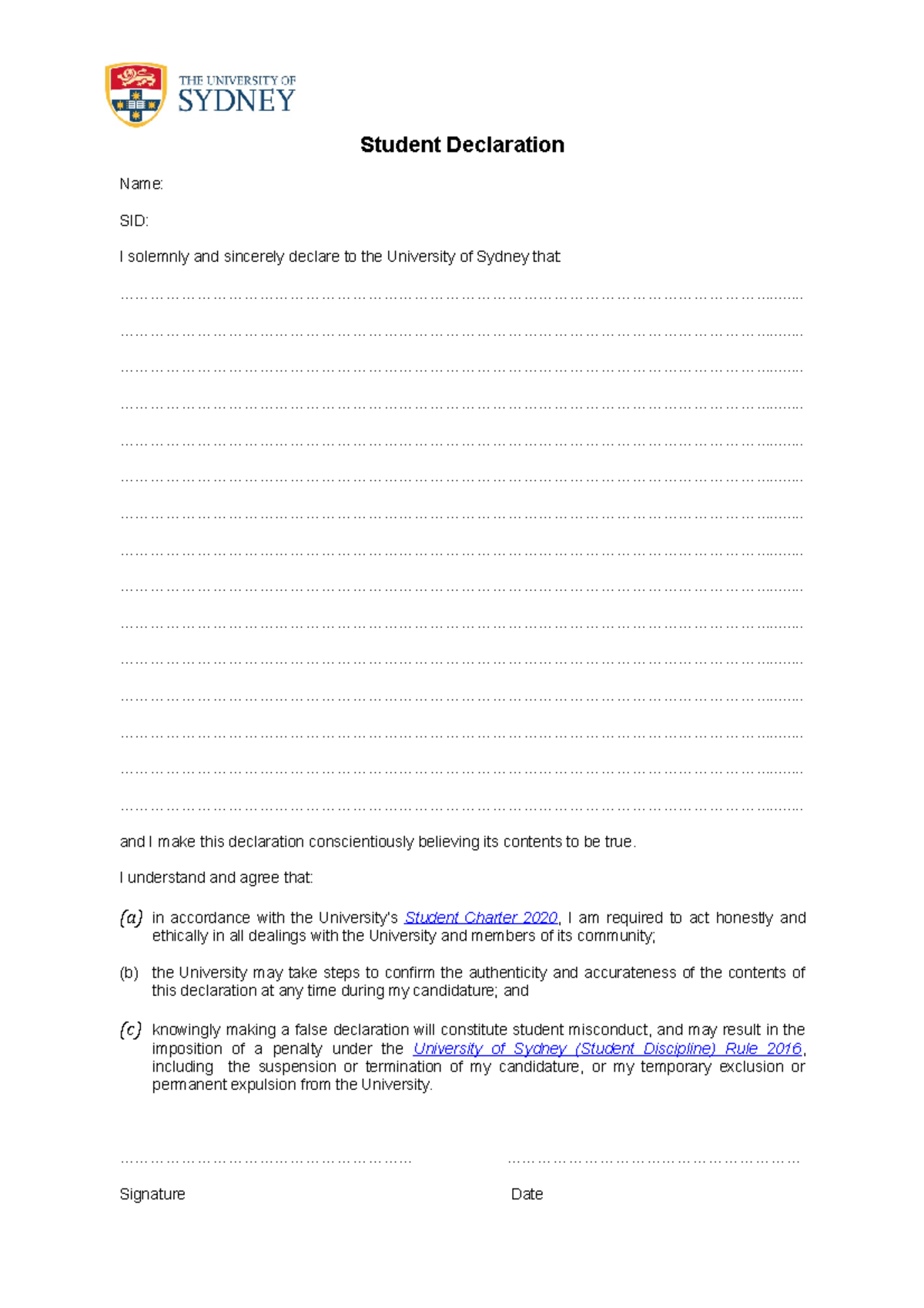 Student-declaration - Sample - Student Declaration Name: SID: I ...