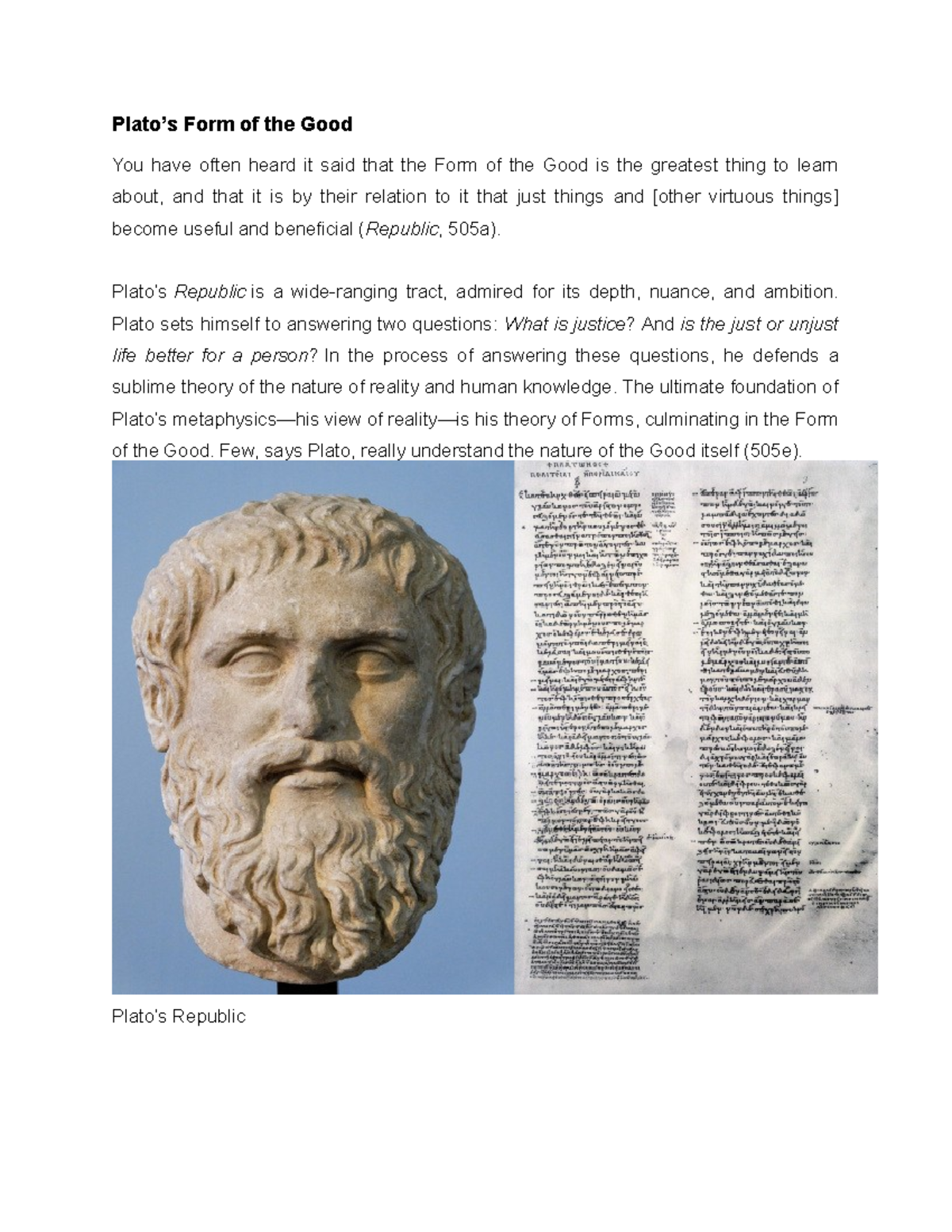 Plato Insight into the Good - Plato’s Form of the Good You have often ...