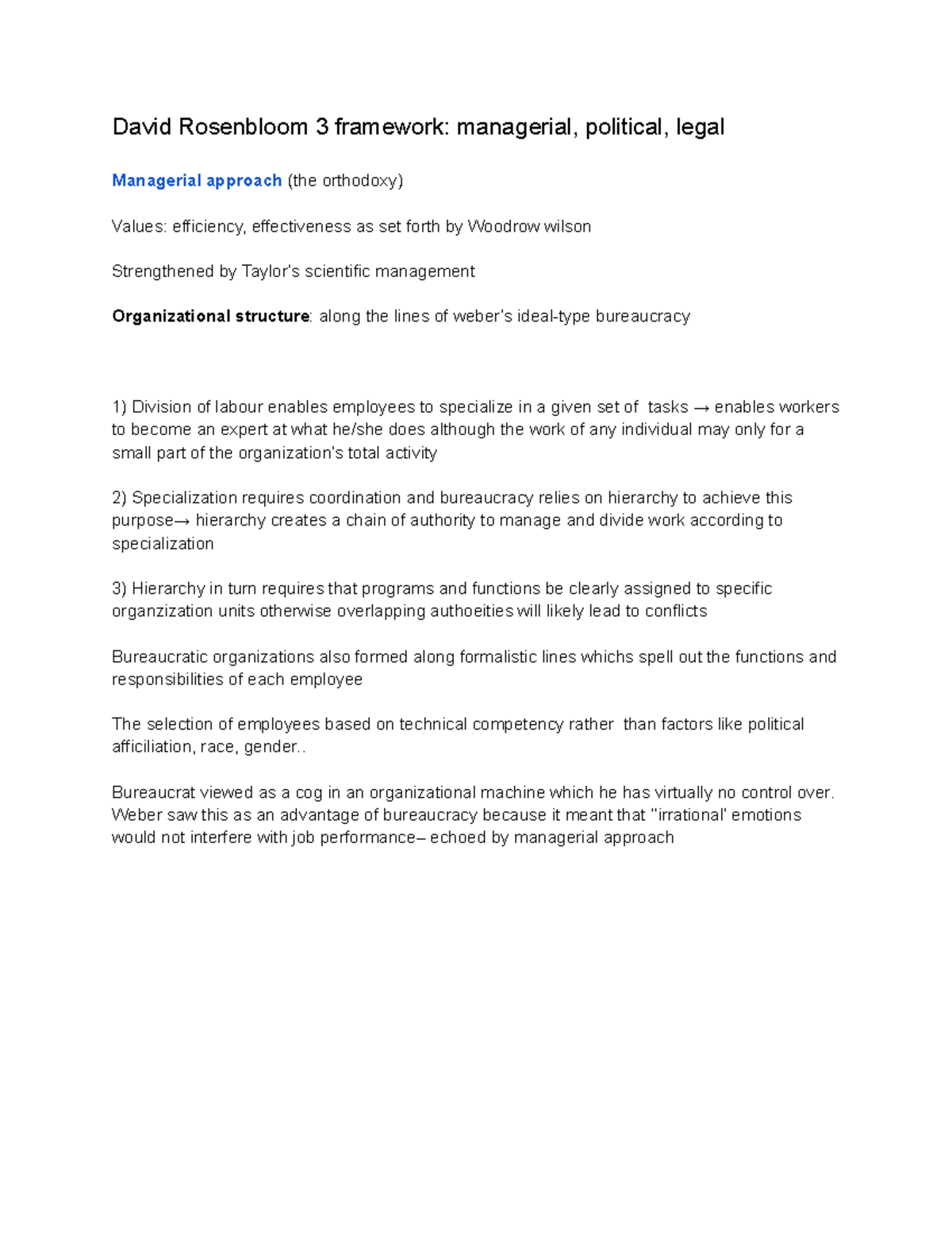 Ps2240 finals memorisation - David Rosenbloom 3 framework: managerial ...