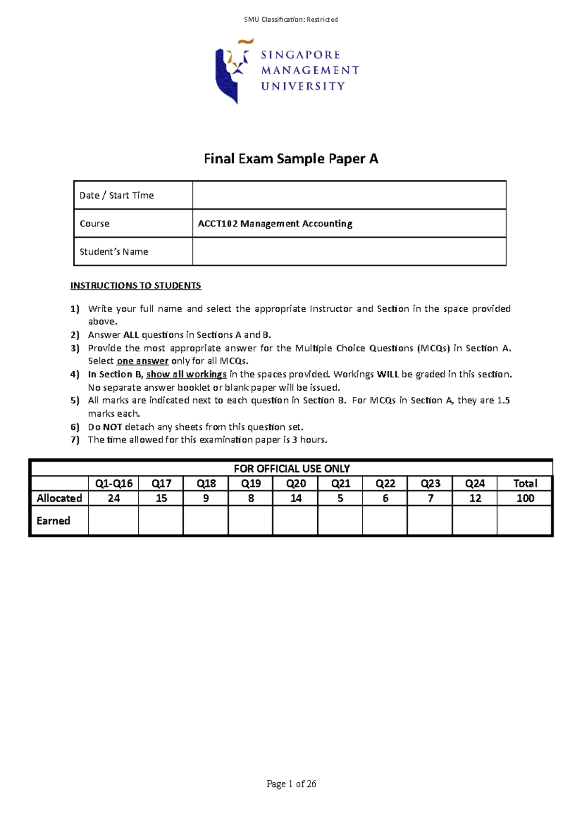 3A Final Exam Sample Paper A Jan 2022 - Final Exam Sample Paper A Date ...