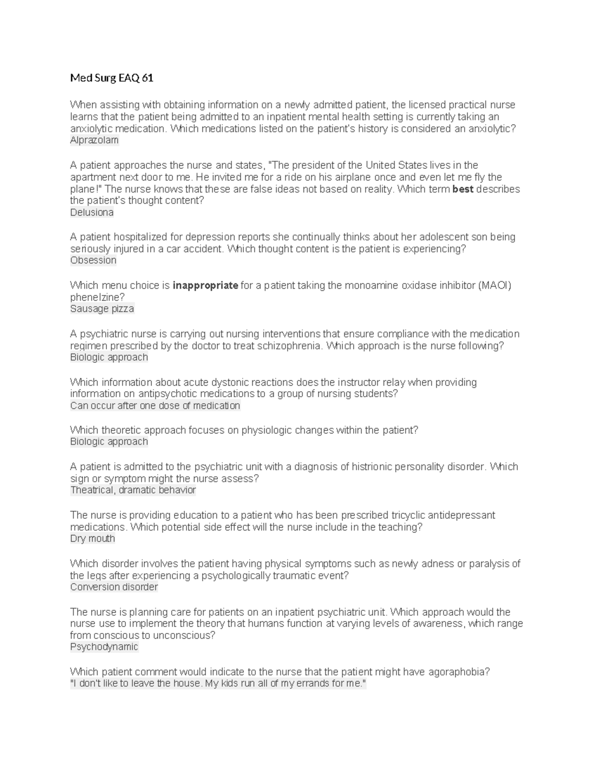 Med Surg EAQ 61 - eaq 61 - Med Surg EAQ 6 1 When assisting with ...