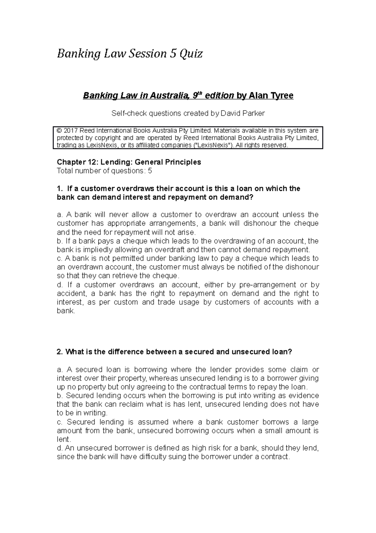 Banking Law Session 5 Quiz Banking Law Session 5 Quiz Banking Law in