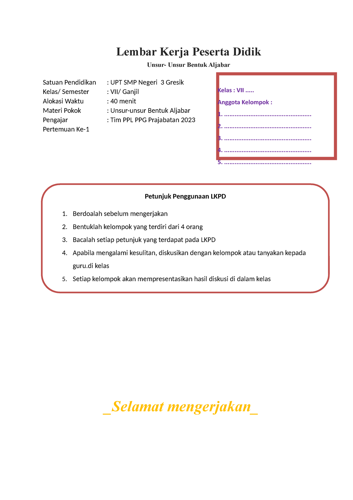 Lkpd Aljabar - Essay For PLSV - Lembar Kerja Peserta Didik Unsur- Unsur ...