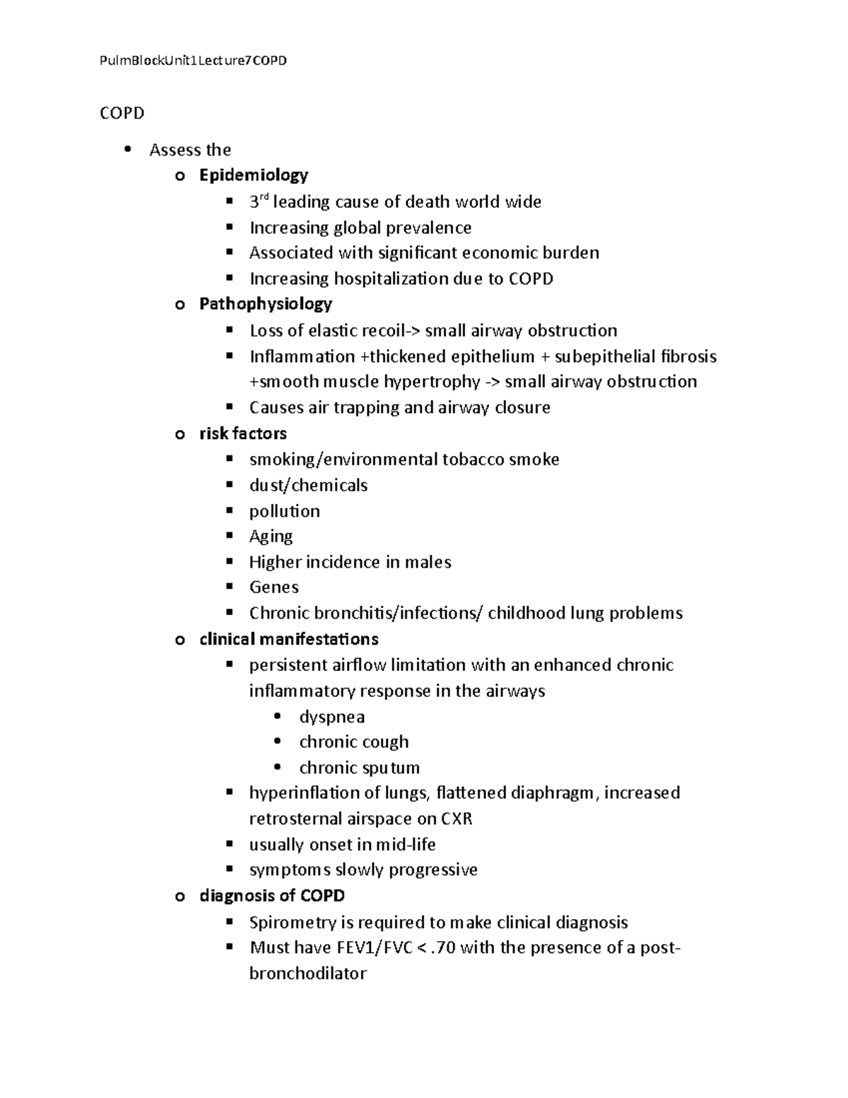 Unit1Lecture 7COPD - These notes were outlined from the COPD lecture ...
