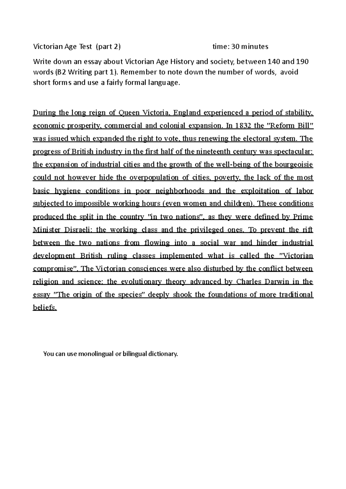 VI lezione VAT Victorian Age test (answered) Victorian Age Test (part