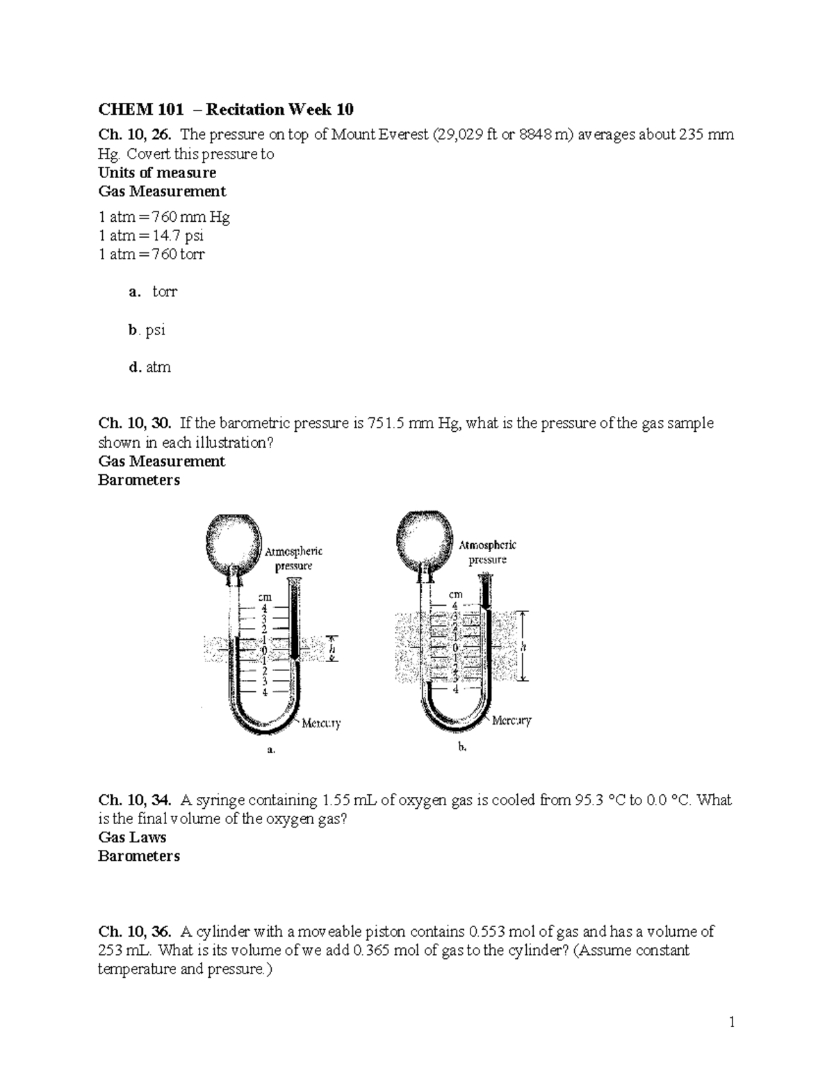 CHEM 101 Recitation Week 10 - 1 CHEM 101 – Recitation Week 10 Ch. 10 ...