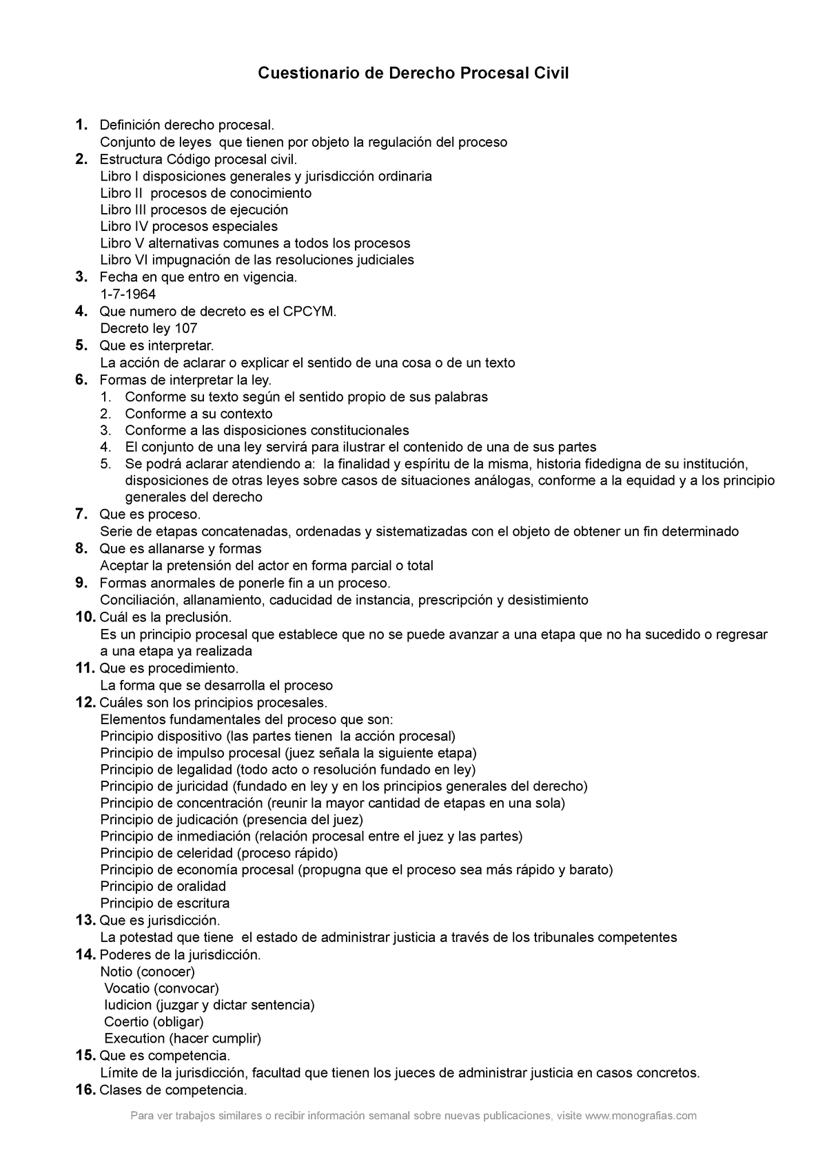 Cuestionario Derecho Procesal Civil Cuestionario de Derecho Procesal Civil Definición