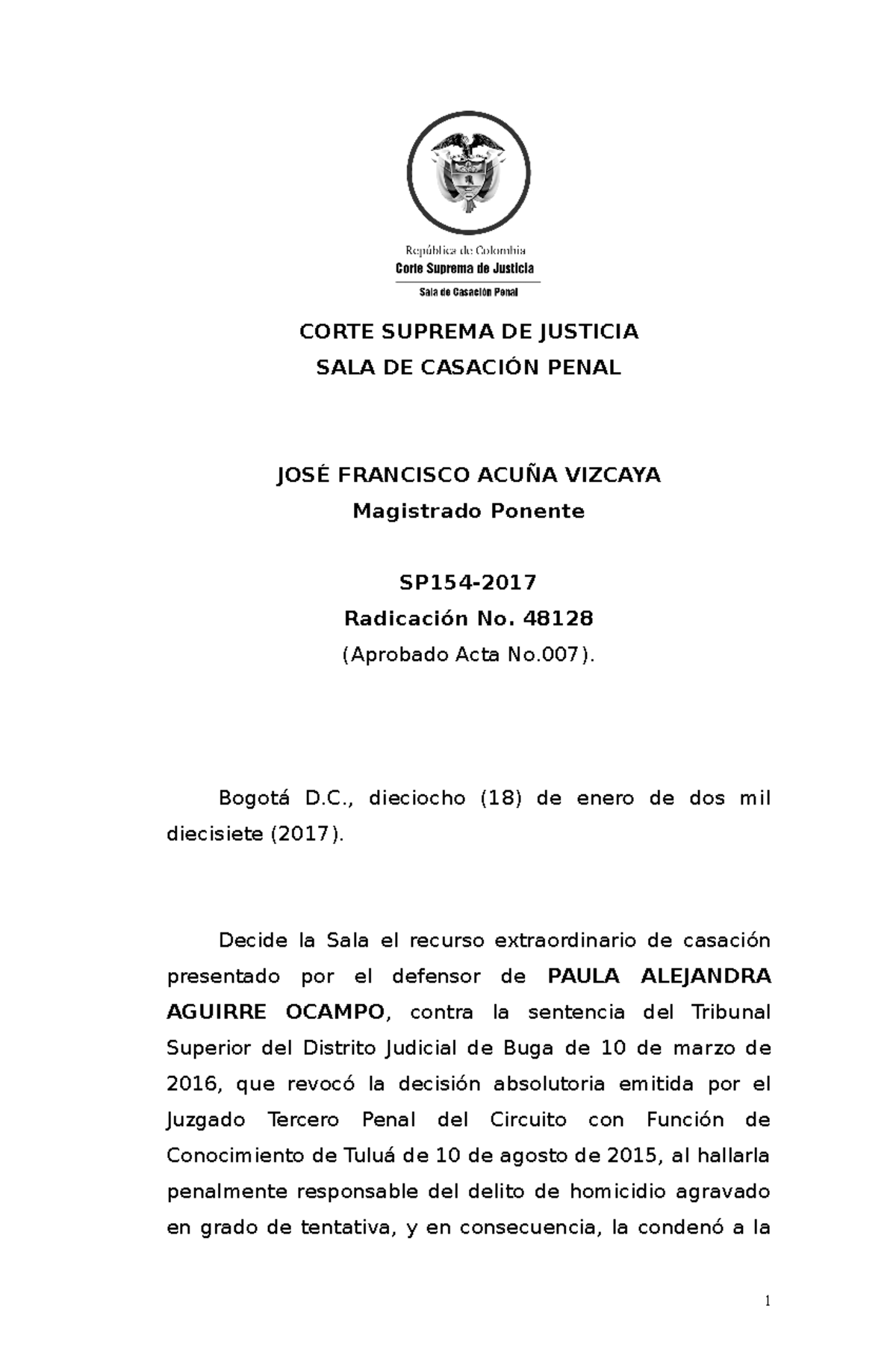 SP154-2017 (48128) - Sentencia - CORTE SUPREMA DE JUSTICIA SALA DE
