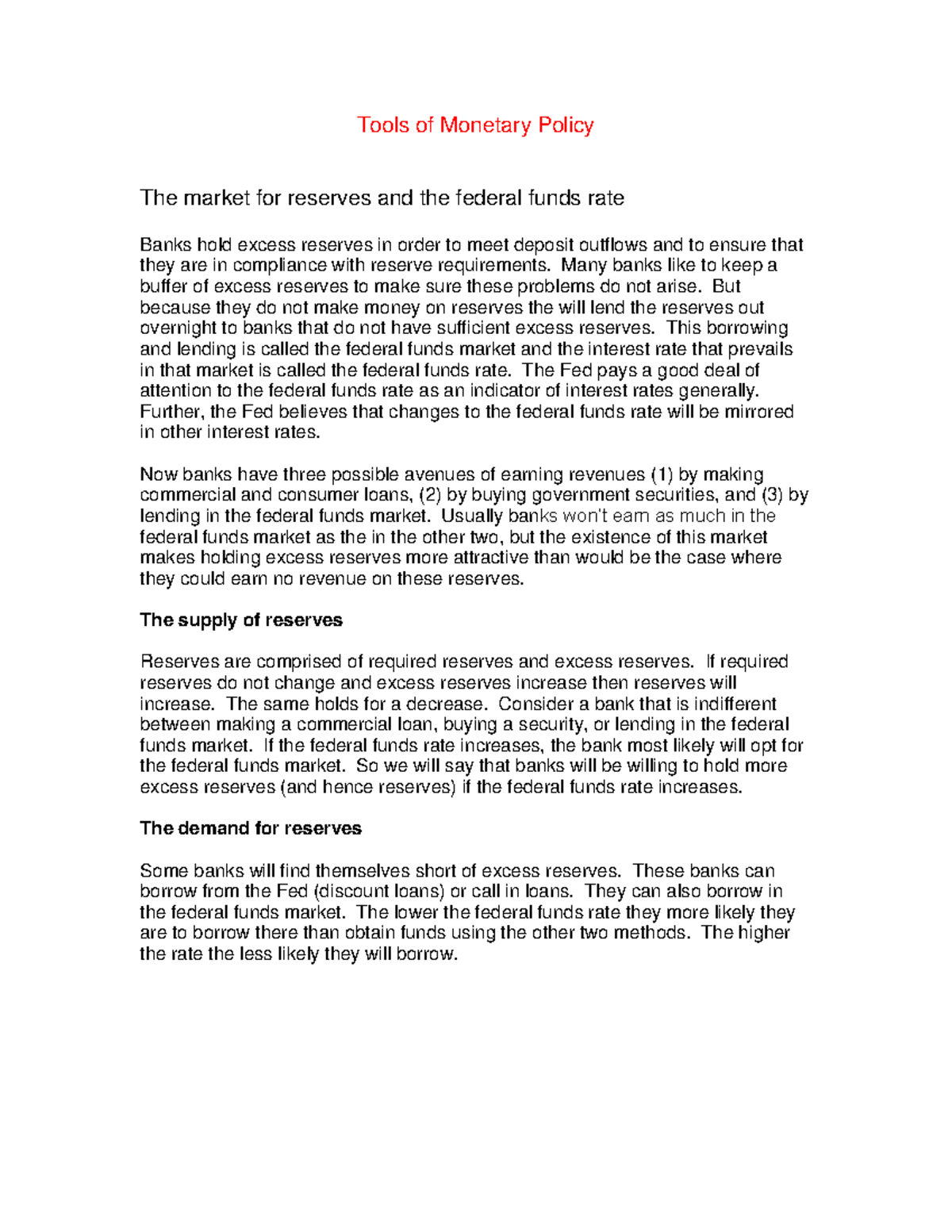 Tools of monetary policy - Tools of Monetary Policy The market for ...