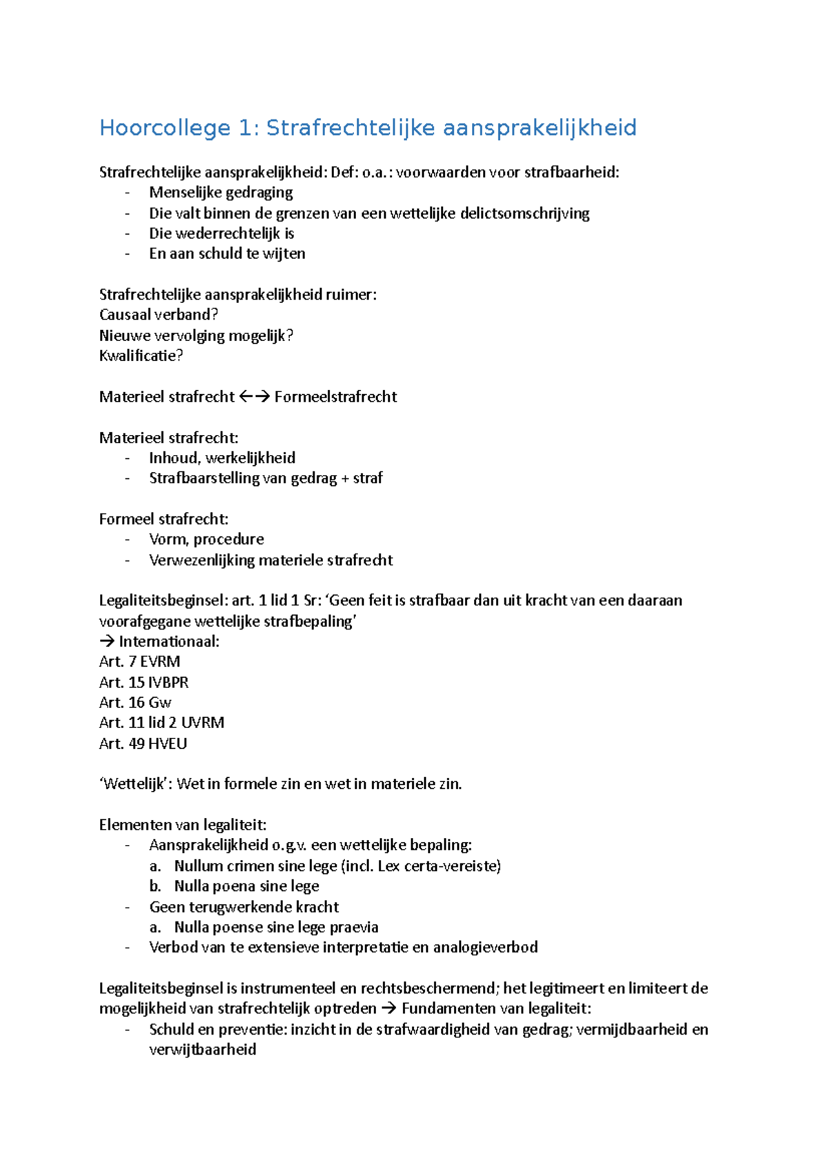 Strafrechtelijke Aansprakelijkheid HC - Hoorcollege 1: Strafrechtelijke ...